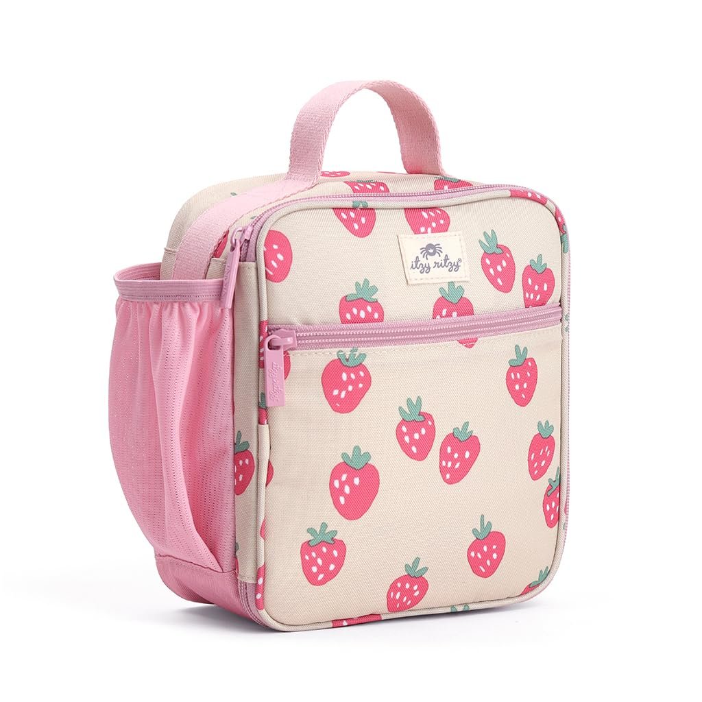 Itzy Ritzy Toddler Lunch Box – Kids Lunch Bag is Insulated and Includes Water Bottle Holder Plus 2 Pockets – Durable, Easy to Clean Toddler Bag (Strawberry)