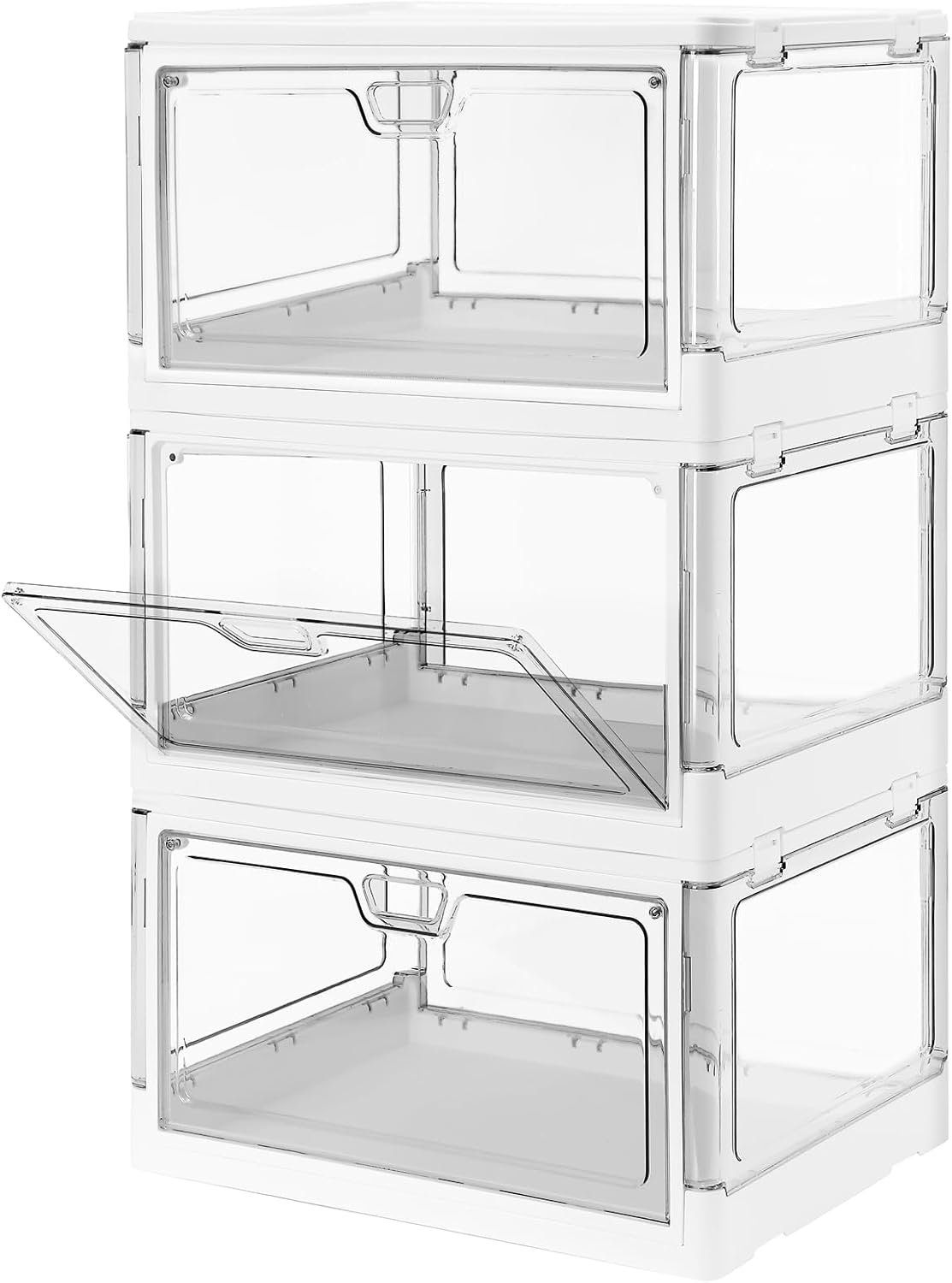 HYBRIDEAS 3-Pack Clear Stackable Storage Bins with Lids Magnetic Doors Open Front Foldable Folding Plastic Craft Containers Large Closet Organizers Box for Bedrooms Living Rooms Study Kids’ Toys 24 QT