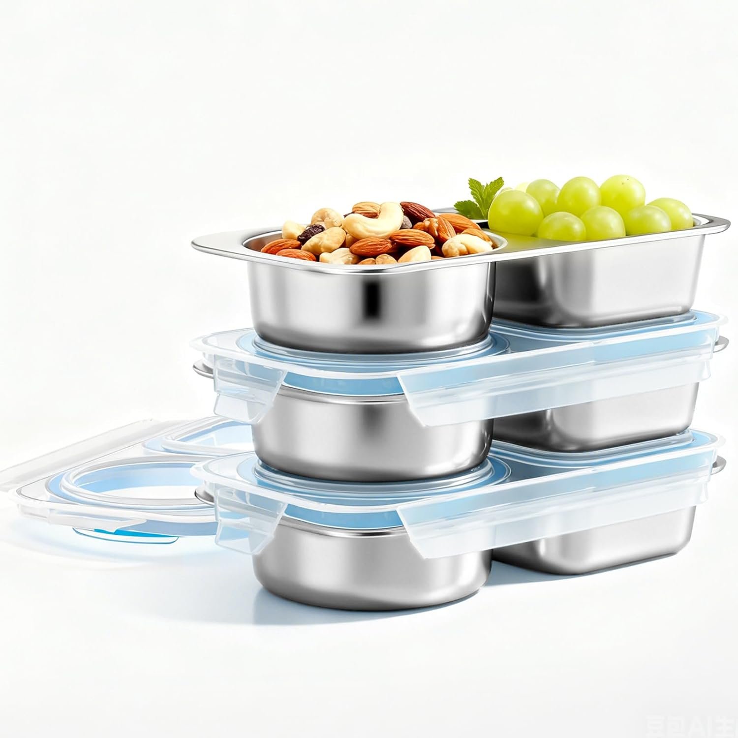 Bakpoco 3 Packs Stainless Steel Snack Containers For Kids Adults, 2 Compartment Reusable Metal Snack Boxes With Leak-Proof Lids, Compact Lunch Food Storage Container
