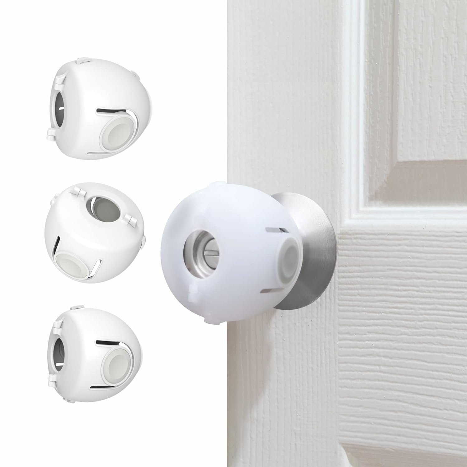 Child Proof Door Knob Covers, 4-Pack, White – Baby Safety Door Knob Covers for Toddlers, Snap-in Design for Easy Install, Durable & Non Toxic, Fits Standard Round Knobs
