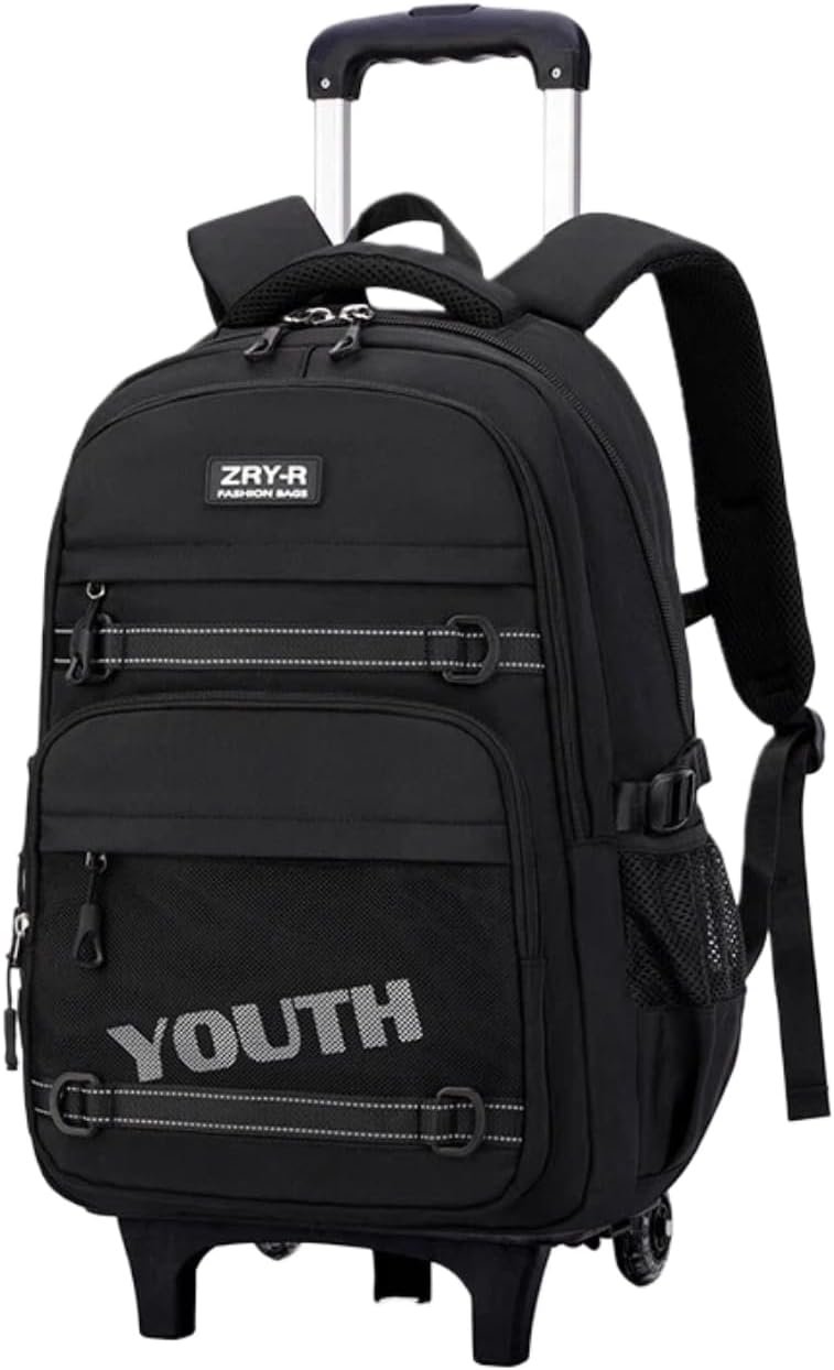 EKUIZAI Kids Rolling Wheeled Backpack for Boys Girls Roller Middle School Backpack with Wheels Rolling Bookbag Trolley Bag for Kids，2 Wheels Black