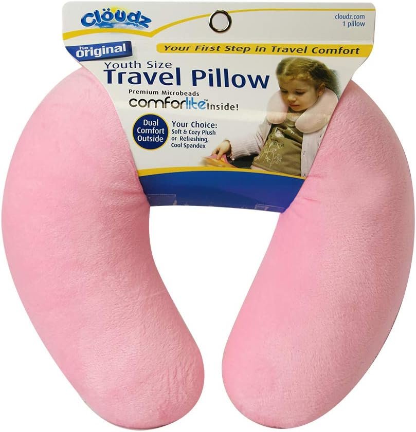Cloudz Kids Dual Comfort Microbead Airplane Travel Neck Pillow. Super Soft Cozy Plush on One Side, Cool Relaxing Spandex on The Other! Keep Your Kids Comfy and Supported at Home or On The Go! – Pink
