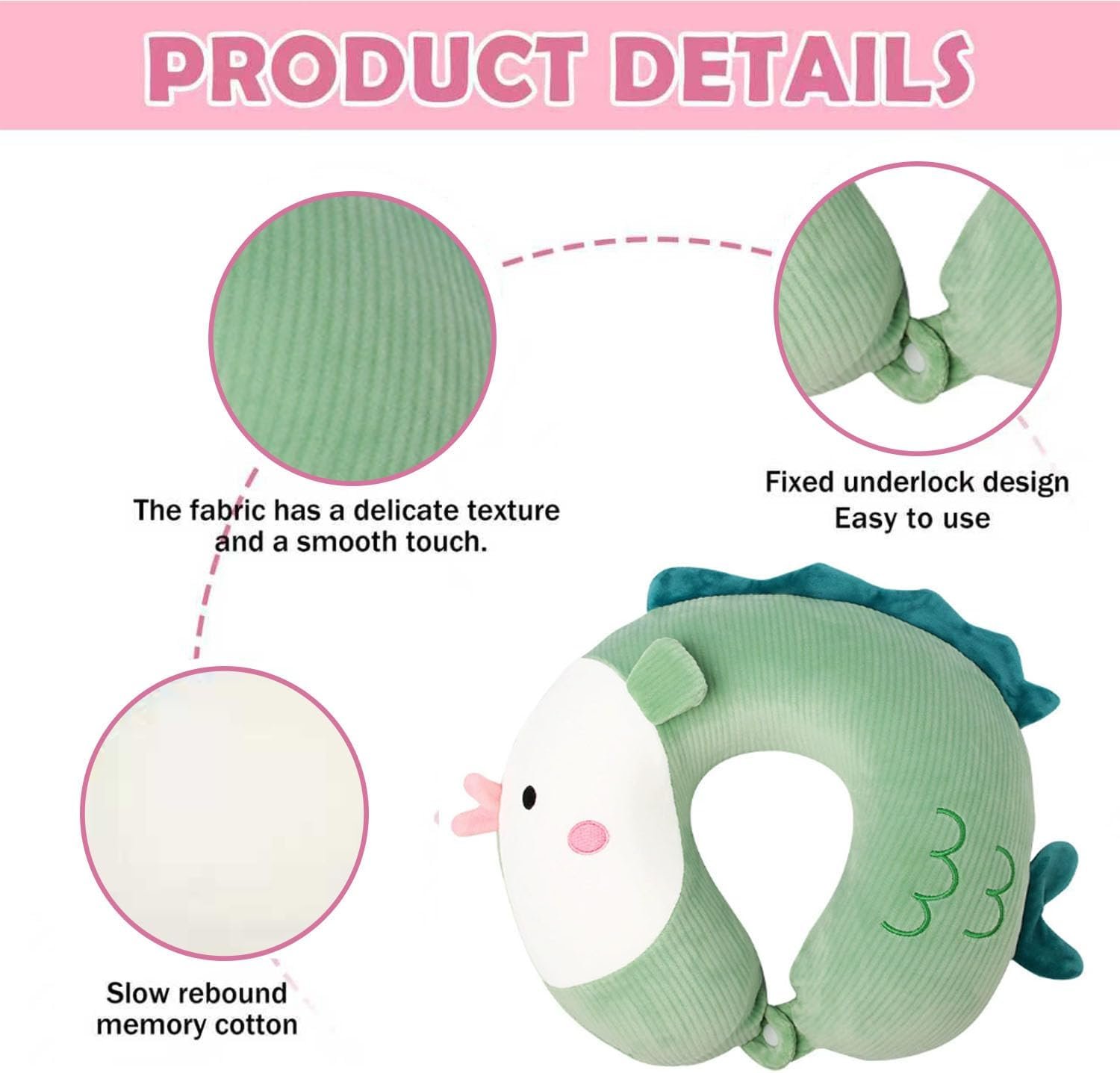 MOOB Kids Neck Pillow for Traveling，Cartoon Cute Travel Neck Pillow for Kids Boys & Girls, Airplane Memory Foam Travel Pillow Green