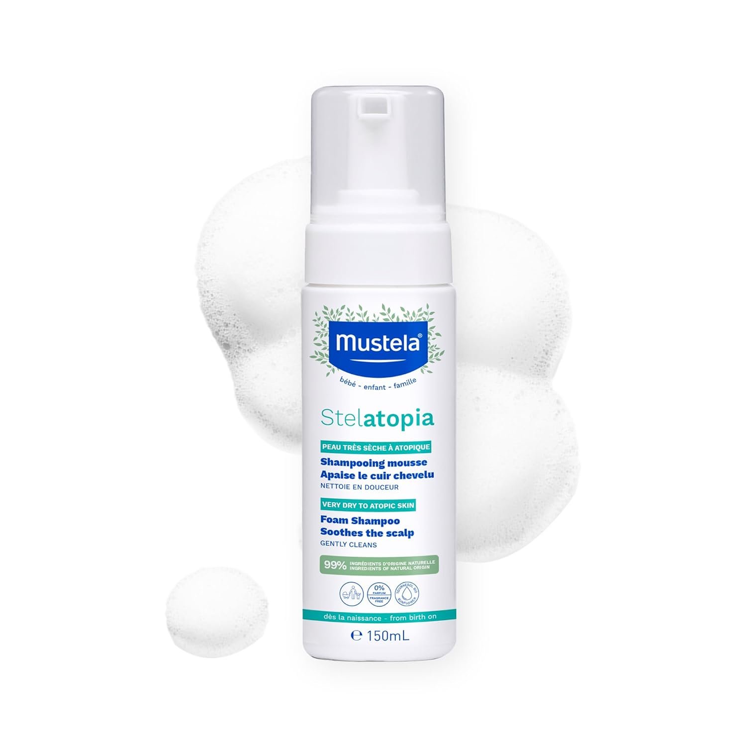 Mustela Stelatopia Eczema-Prone Skin Foam Shampoo for Newborn & Baby with – with Natural Avocado & Sunflower Oil – Fragrance-Free & Tear Free – 5.07 fl. oz.