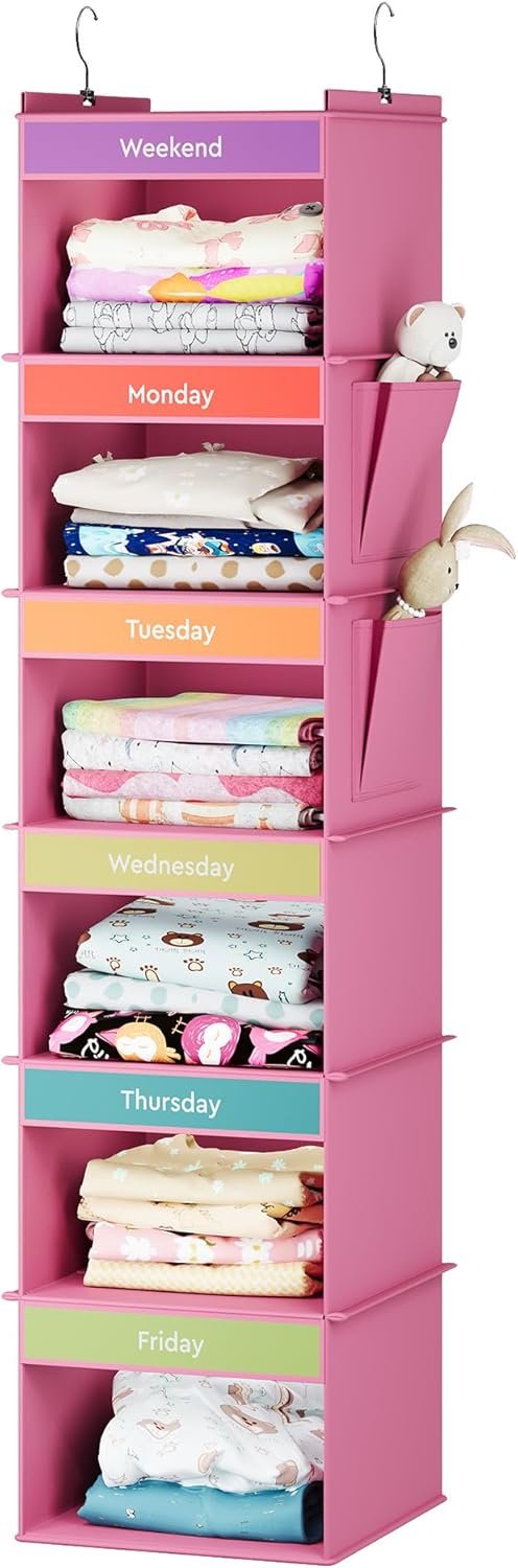 YOUDENOVA 6-Shelf Weekly Hanging Closet Organizer, Weekly Clothes Organizers for Kids with 2 Side Pockets, Pink