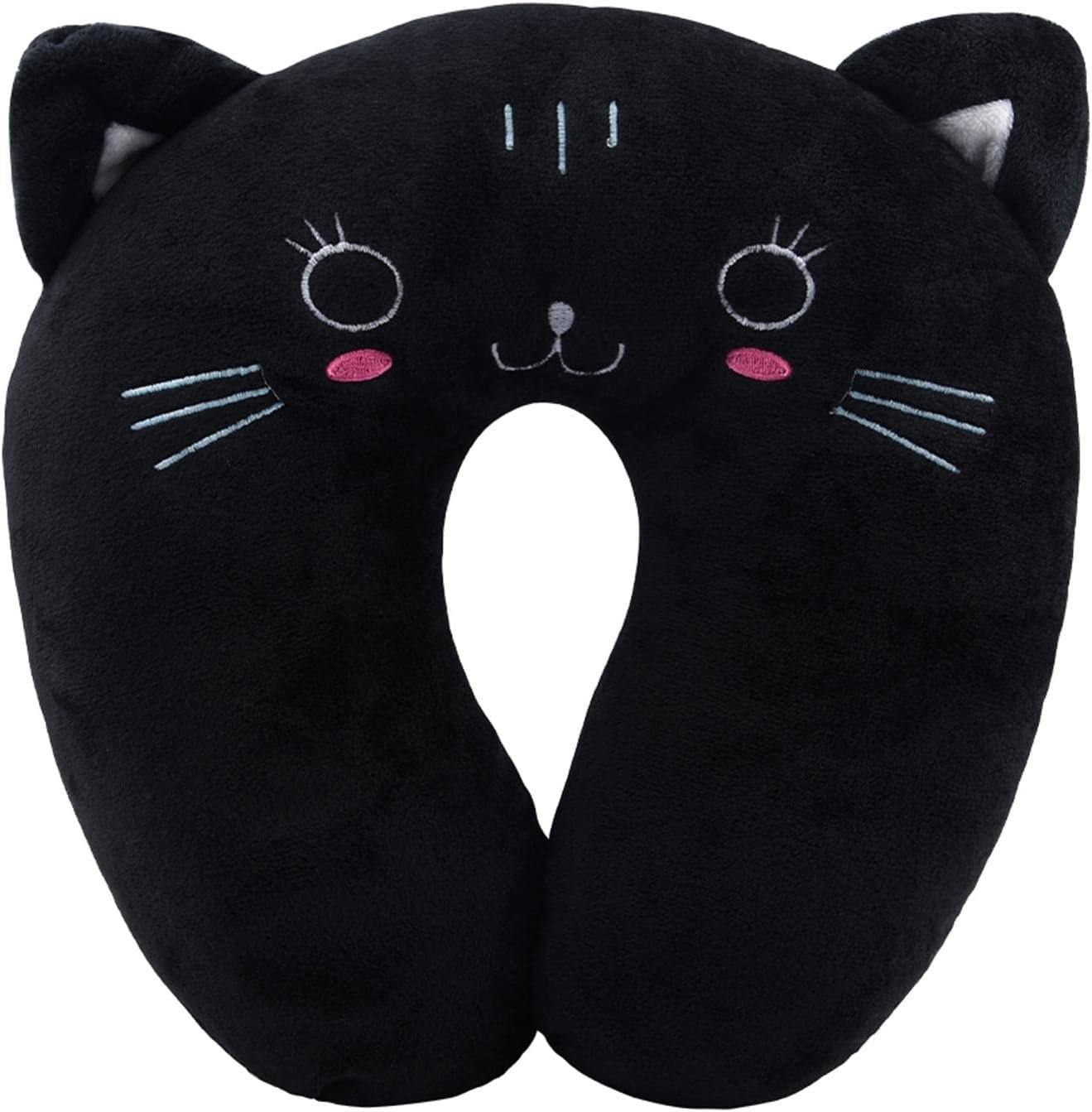 Travel Pillow for Kids, Cute Animal Neck Pillow Support U Shaped Cushion Plush Soft Rest Reading Pillows Sleeping Pillows for Airplane Train Car (Color:Black cat)