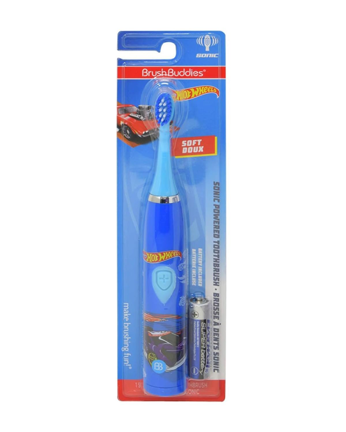 Brush Buddies Hot Wheels Battery Powered Sonic Electric Kids Toothbrush Soft Bristles Rounded Head Children Boys Girls Blue Gentle Cleaning Easy Grip Handle Plaque Removal Oral Care