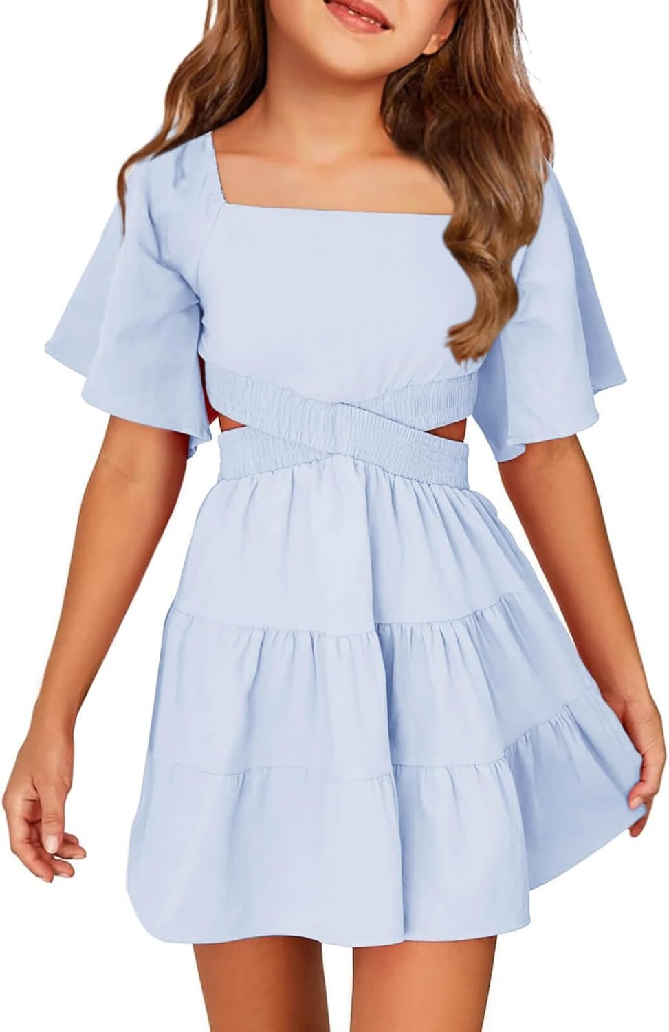 Batermoon Girls Summer Dress Square Neck Short Sleeve Crossover Waist Casual A-line Mini Dress