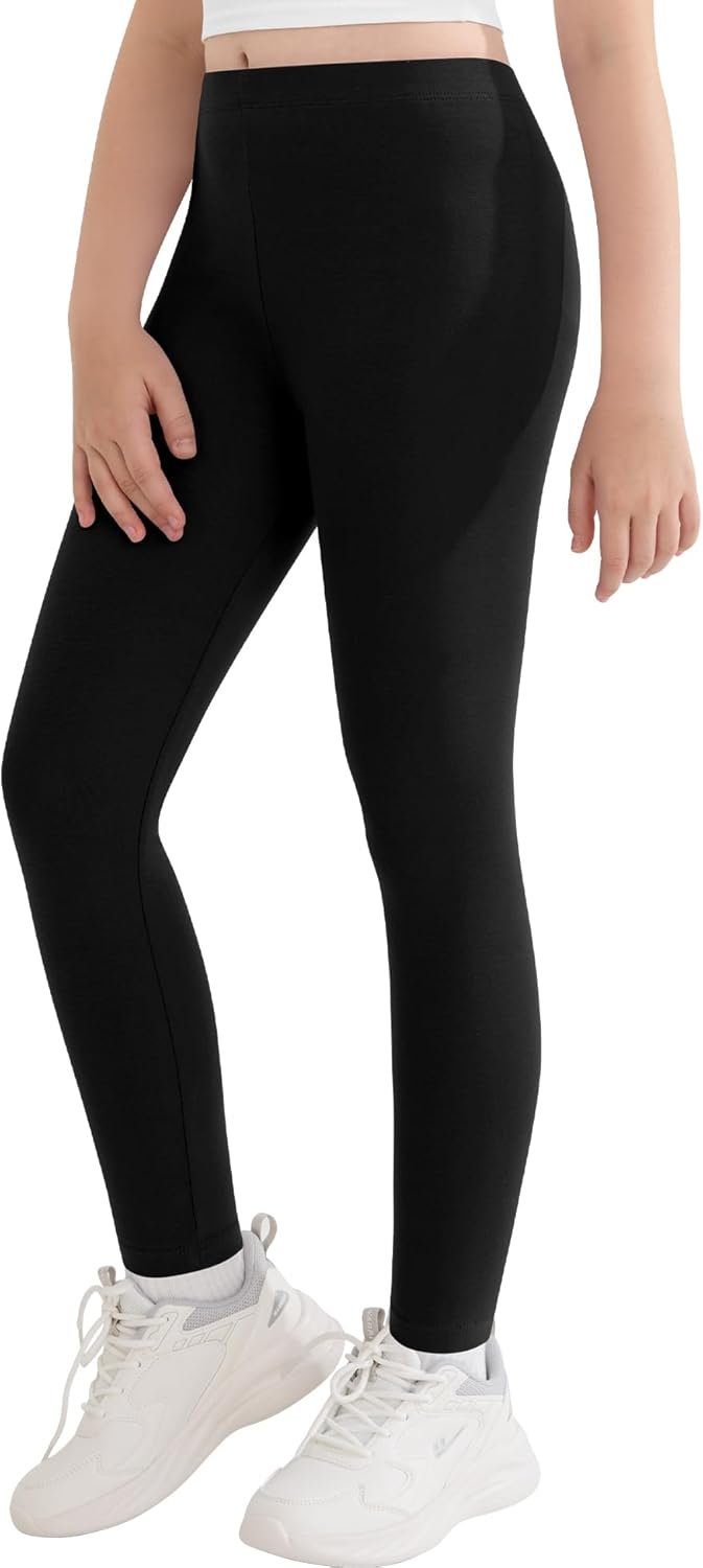 DOCUMO Girls Cotton Leggings, Full Length Footless Stretch Girl’s High Waisted Tights Soft Basic Solid Yoga Pants