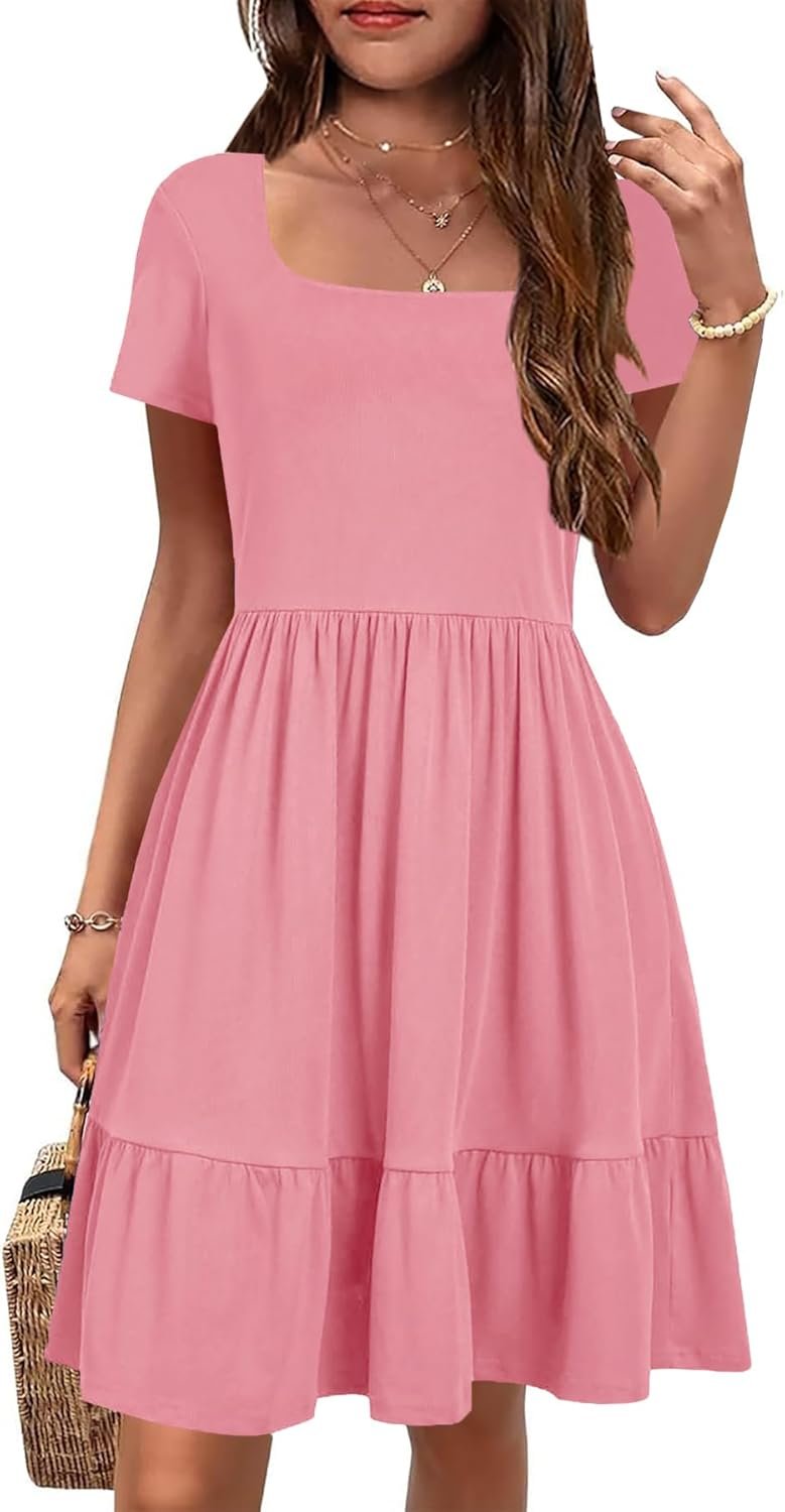 YOVION Girls Summer Dress Square Neck Short Sleeve Casual Loose Ruffle Tiered Dresses with Pockets for 6-12 Y