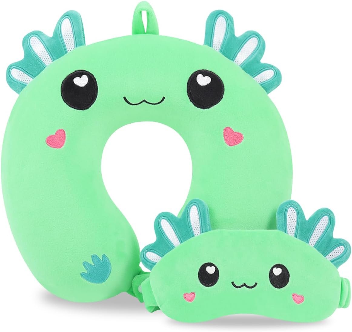 Travel Pillow, Kids Travel Pillow with Sleep Eye Mask Soft Memory Foam Kids Neck Pillow for Boys & Girls, Travel Accessories for Car Airplane Traveling – Green Axolotl