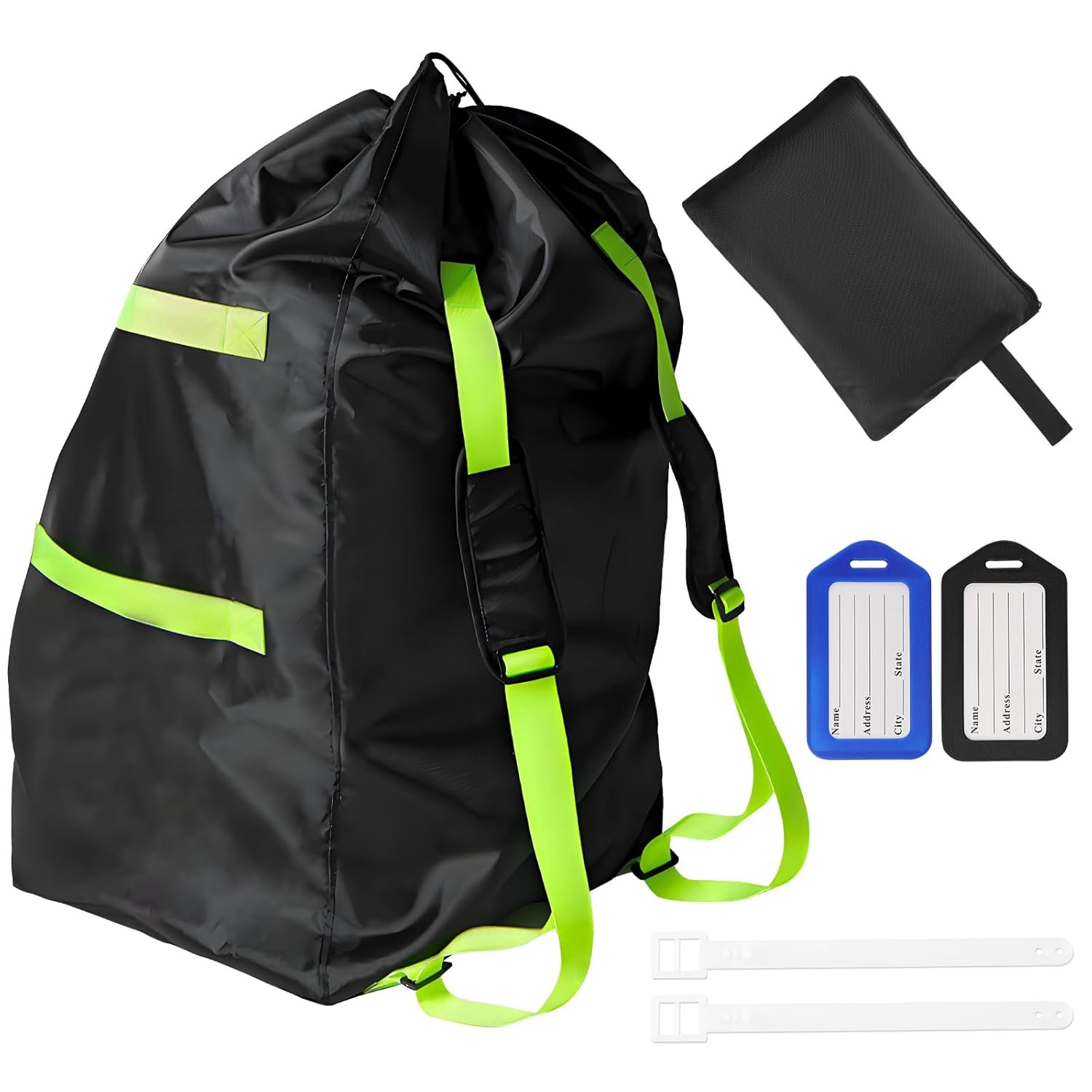 Car Seat Bag for Airplane Travel,Durable Padded Cover with Green Shoulder Straps, Fits All Car Seats, Includes 2 Luggage Tags, Waterproof Travel Bag for Air Travel