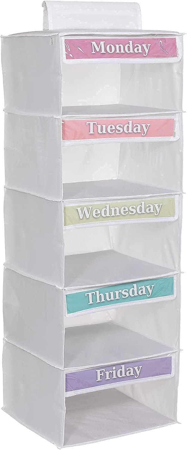 Three Sweet Peas Co Weekly Clothes Organizer for Kids – 5 Shelf Hanging Closet Storage for School Outfits | Monday to Friday Daily Clothing Divider with Color Labels, 33″ Durable Polyester