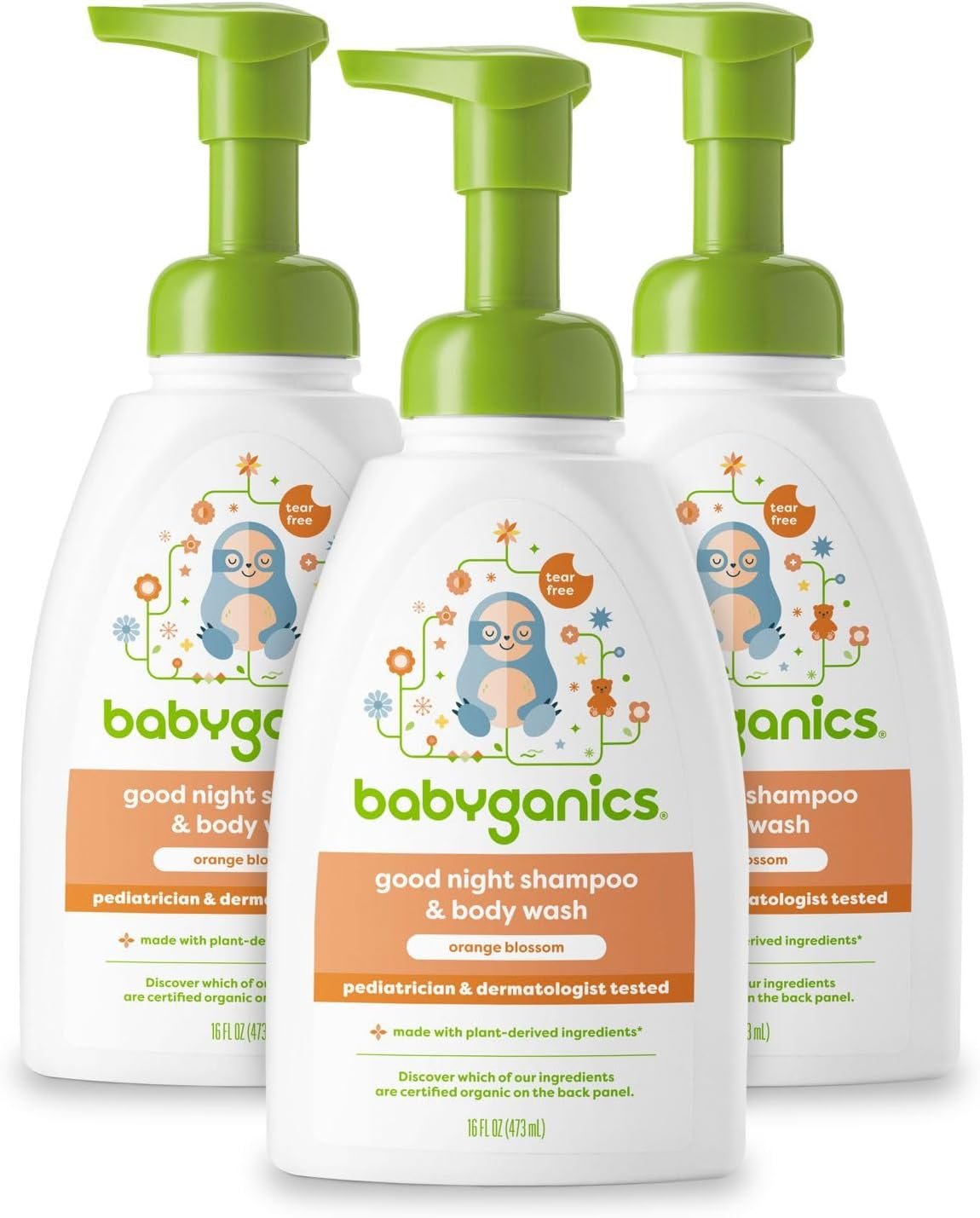 Babyganics Baby Shampoo + Body Wash Pump Bottle, Orange Blossom, Tear-Free, 16 Fl Oz (Pack of 3), Packaging May Vary
