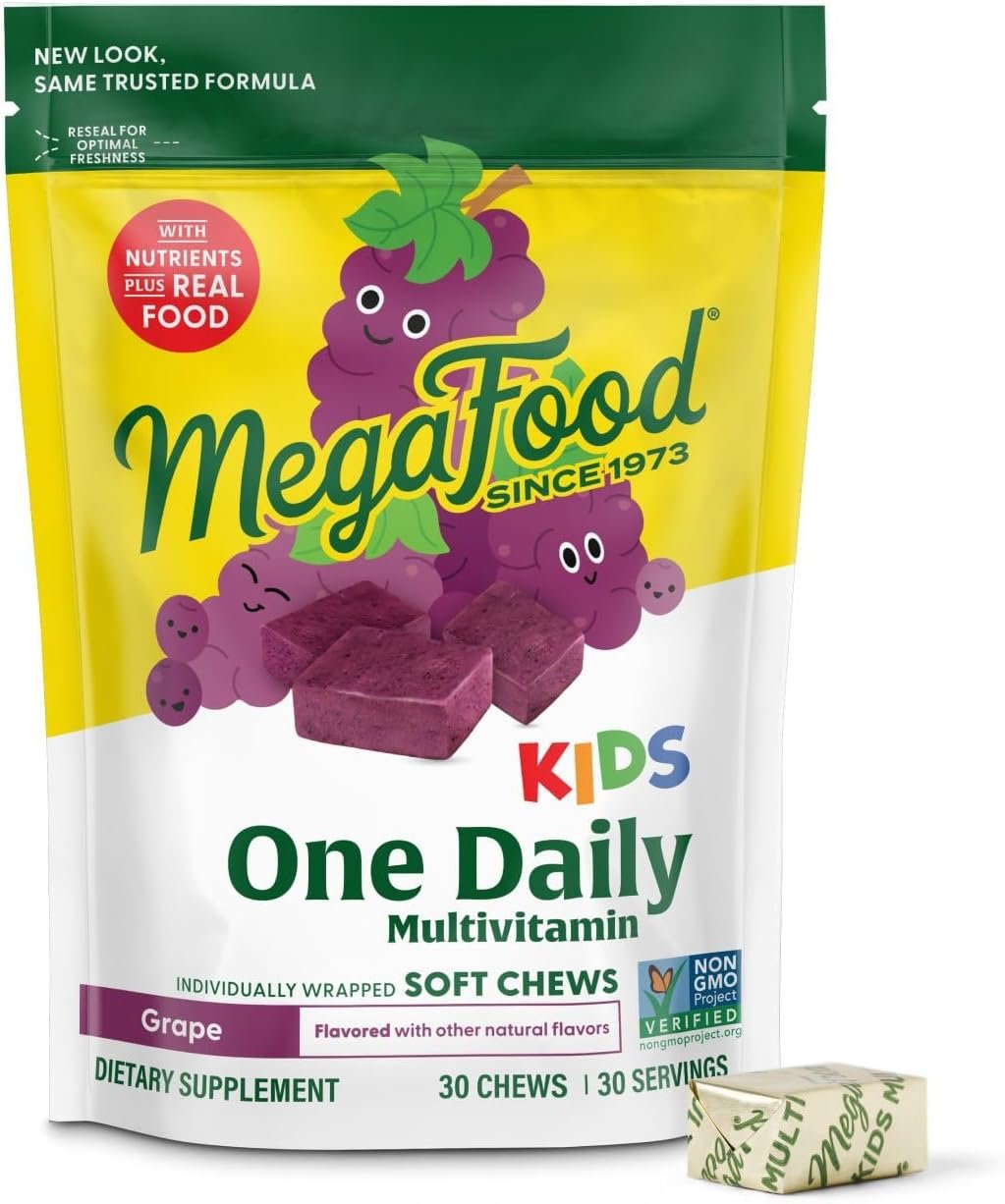 MegaFood Kids One Daily Multivitamin Soft Chews – Kids Vitamins with Vitamin B, Vitamin C, Vitamin D & Vitamin E – Age 4+, Vegetarian, Made Without 9 Food Allergens – Grape Flavor – 30 Chews