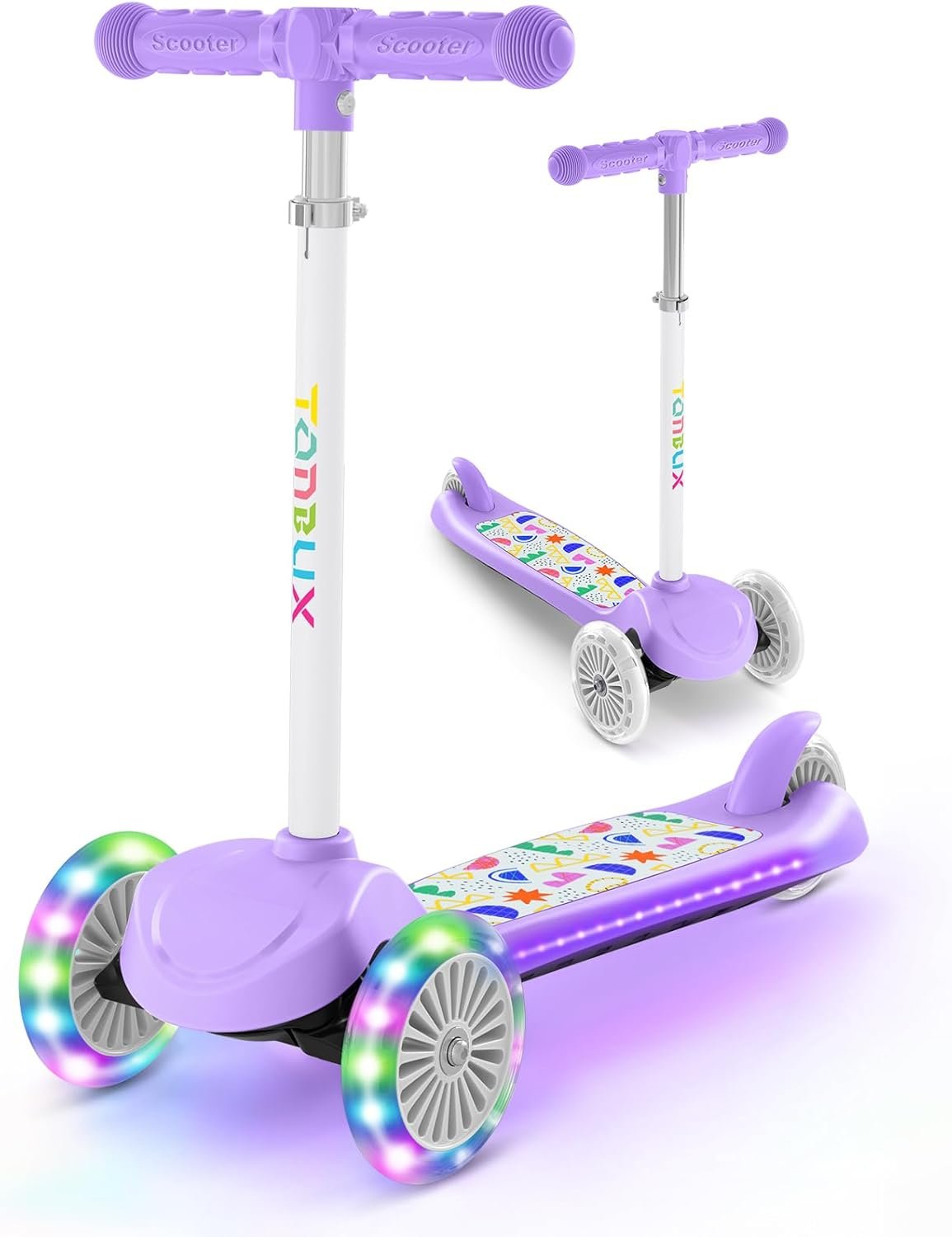 TONBUX TONBUX Kids Scooter for Ages 3-8, Toddler Scooter with Light-Up Wheels, Adjustable 4-Level Height 3-Wheel Scooters for Kids, Lean-to-Steer Design