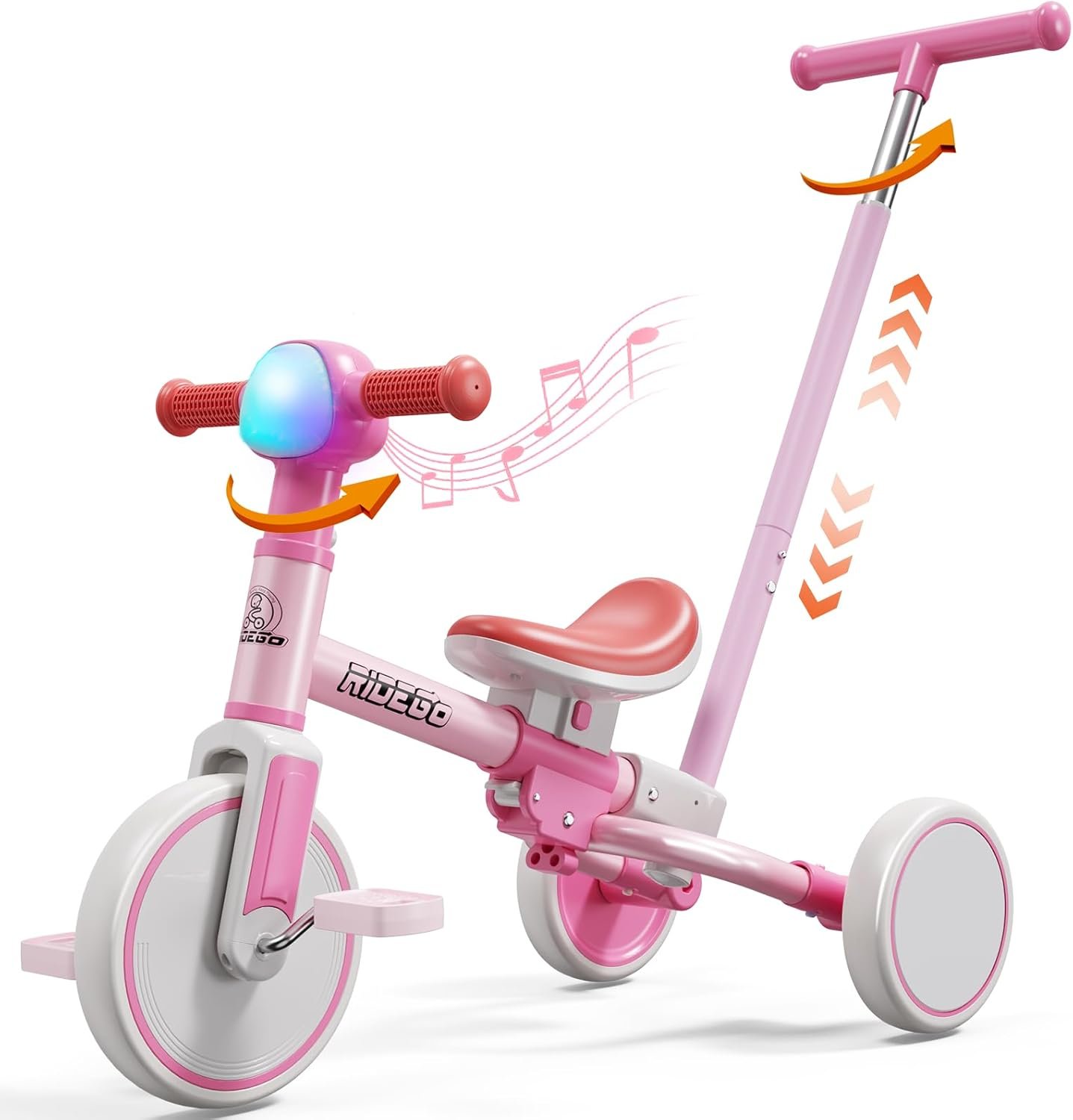 Ridego 5-in-1 Tricycle for Toddlers 1-3 Year Olds, Kids Balance Bike & Toddler Push Bike with Parent Handle, RGB Music Light, Tool-Free Assembly Birthday Gift for Boys Girls
