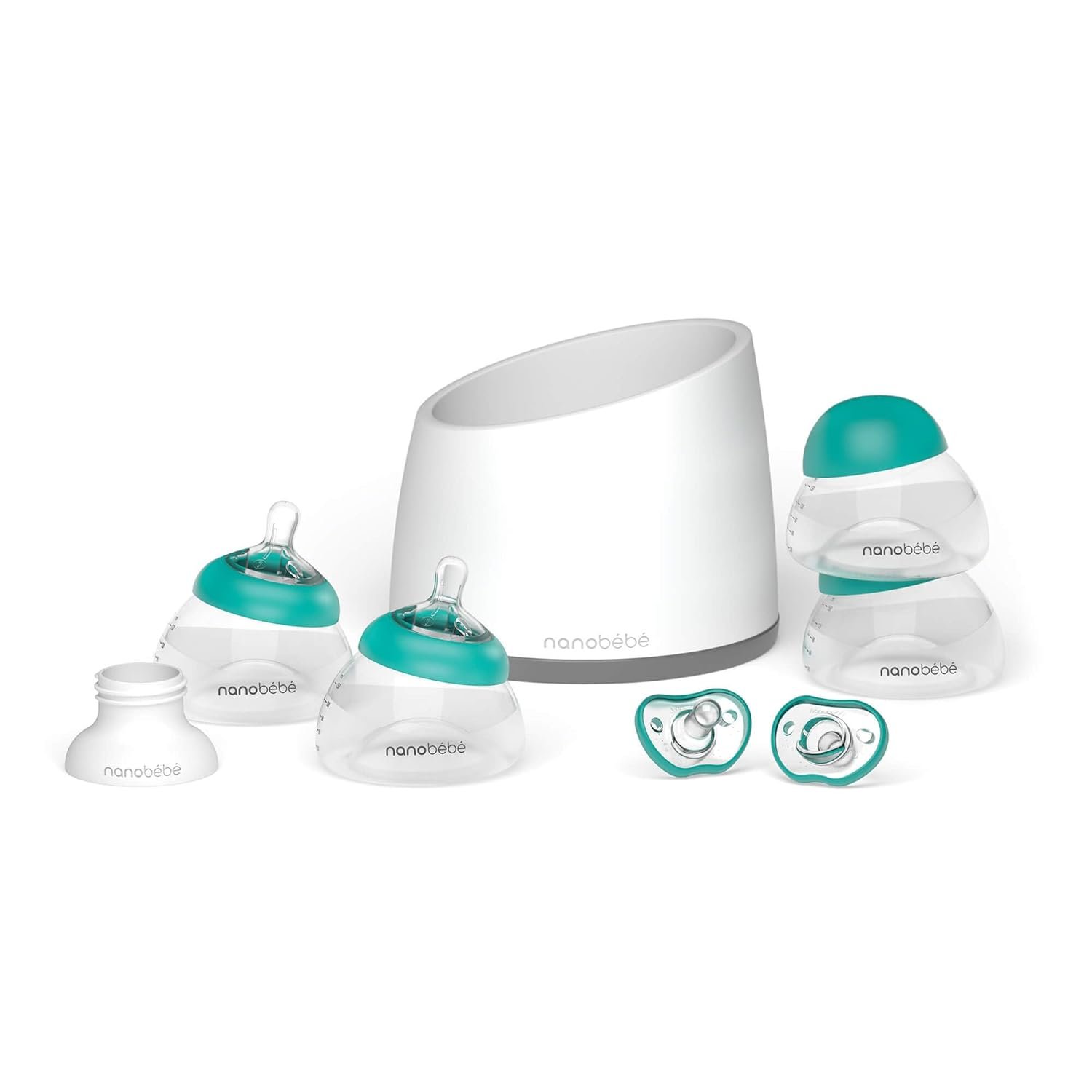 Nanobebe Breastmilk Baby Bottle Anti-Colic Starter Set with Silicone Pacifiers, Breast Pump Adapter, and Slow Flow Nipples – 5 oz – Teal/Grey