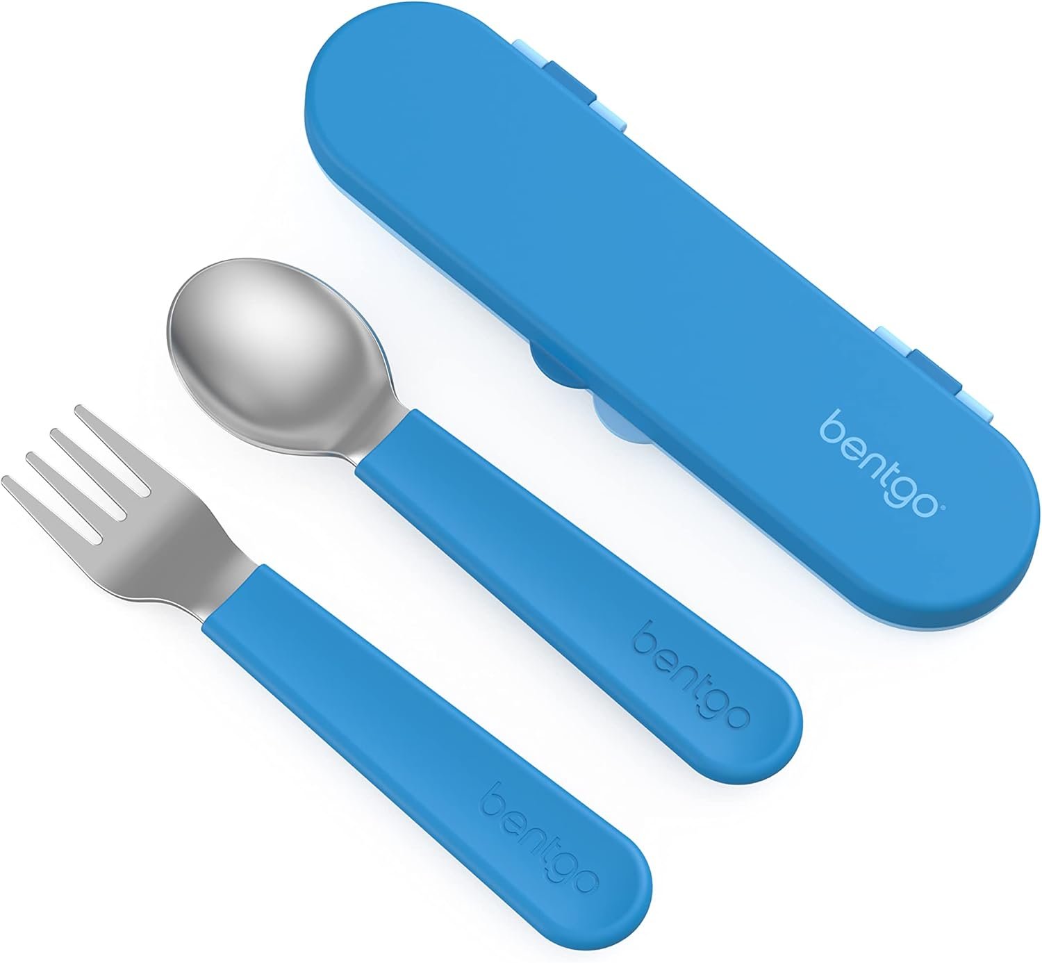 Bentgo Kids Stainless Steel Utensil Set – Reusable Fork, Spoon & Storage Case, PFAS- & BPA-Free, Easy-Grip Handles, Lightweight, Dishwasher Safe, School Lunch, Travel & Outdoors (Blue)