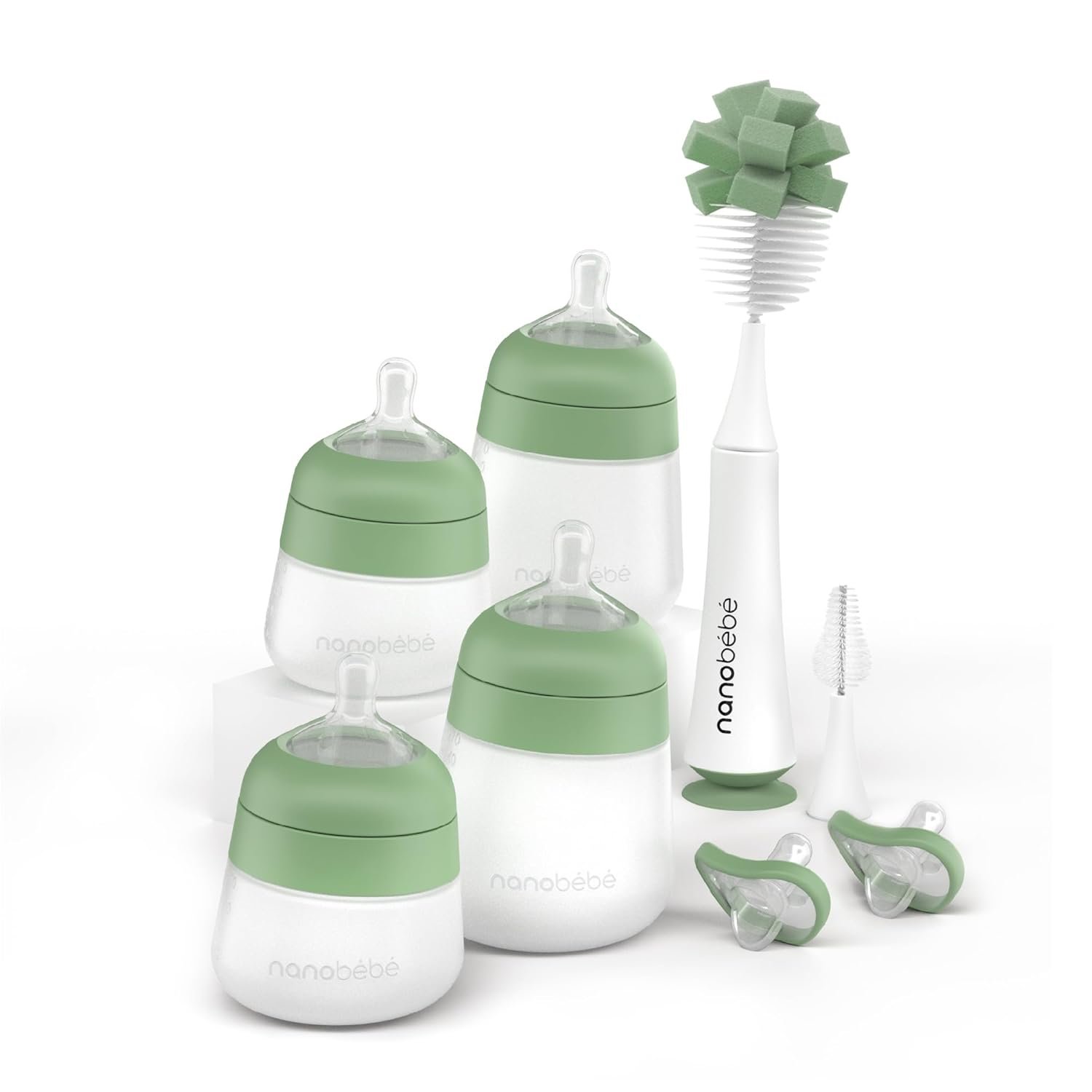 Nanobebe Silicone Baby Bottle Flexy Set with Anti-Colic Nipples, Bottle Brush and Pacifiers – 5oz and 9oz – Sage