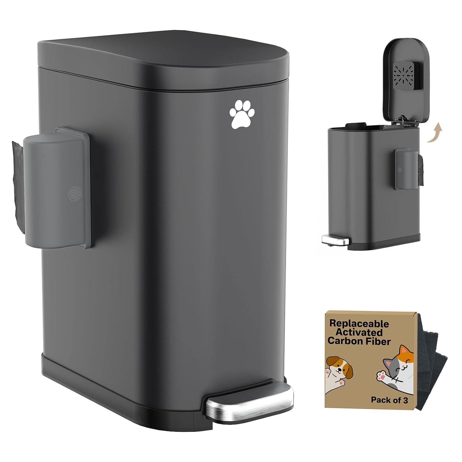 Dog Poop Trash Can Outside with Odor Control Lid & Step Pedal, 3.2Gal Stainless Steel Outdoor Trash Can, Waterproof Dog Waste Container – Includes 3 Carbon Filters & Bin Bag Holder