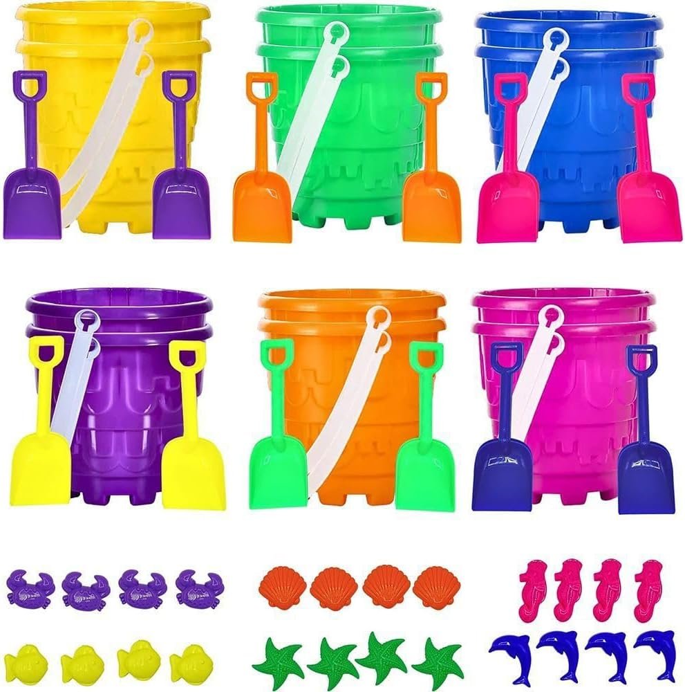 4E’s Novelty 12 Sets Beach Toys – Includes 12 Sand Buckets, 12 Shovels, 24 Sand Molds for Kids – Small 5.75″ Beach Buckets Bulk, Summer Party Favors, Easter Basket Stuffers, Student Gifts