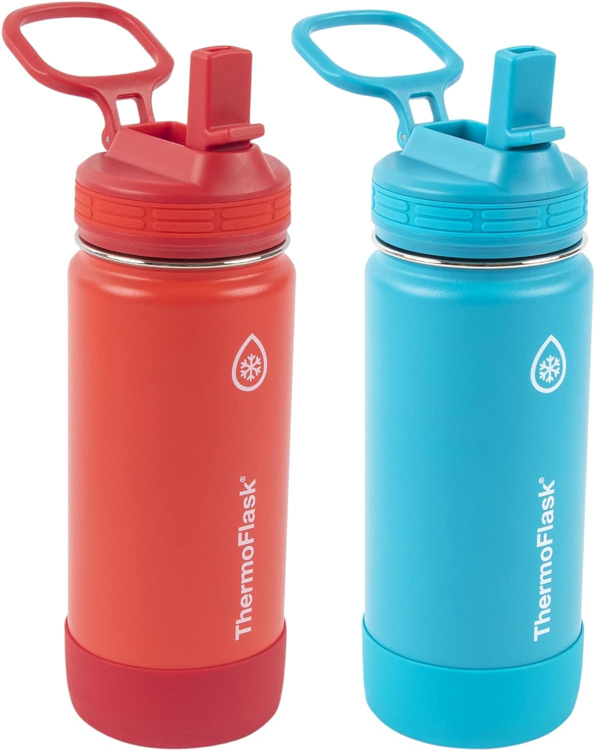 ThermoFlask Kids 16 oz Insulated Water Bottles with Straw Lid BPA-Free Stainless Steel Leakproof & Spill-Proof Design Easy Clean Wide Mouth 2-Pack for School, Sports, Playdates, Red/Blue