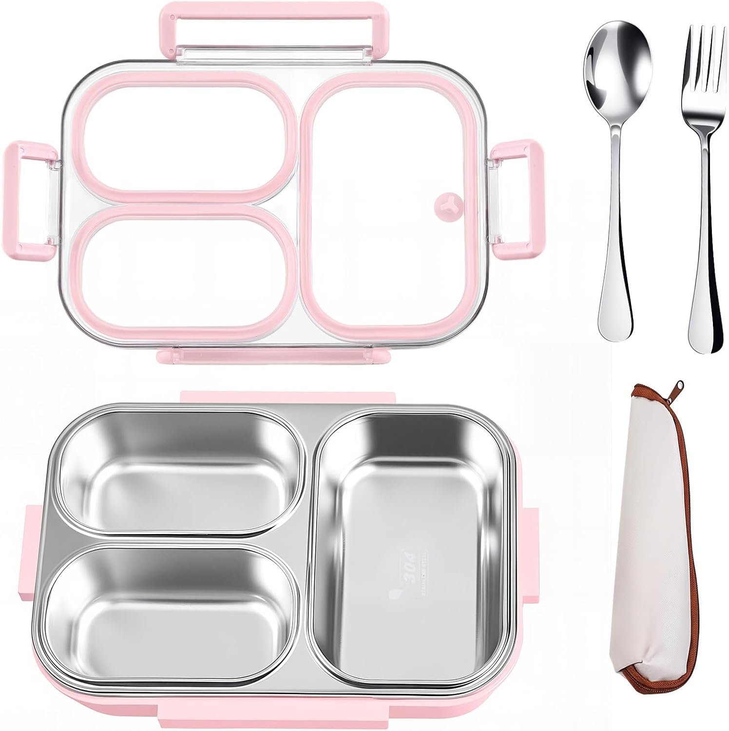 25oz 18/8 Stainless Steel Lunch Box Kit (Bento Box + Fork/Spoon) – 3 Leakproof Compartments – Metal Snack Box for Kids & Adults – School/Office/Travel – Dishwasher Safe (Pink)