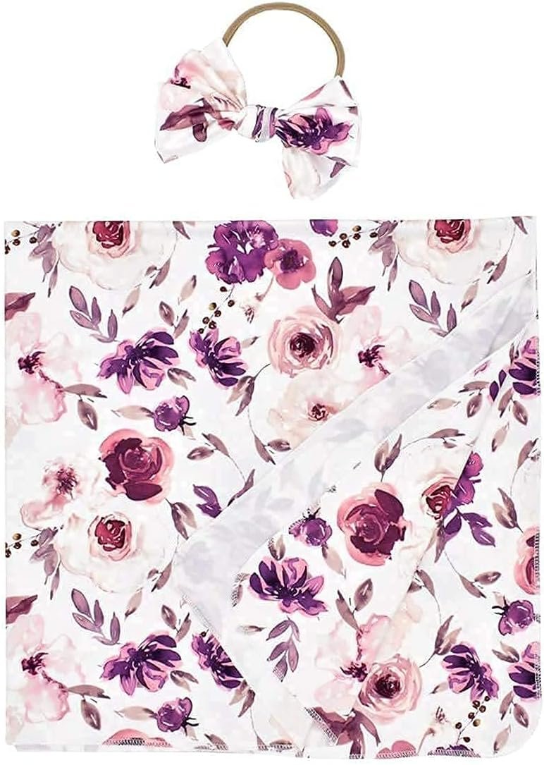 Baby Swaddle Blanket Newborn Girl Swaddle and Headband Set Purple Flowers Floral Print Wrap Shower Gift