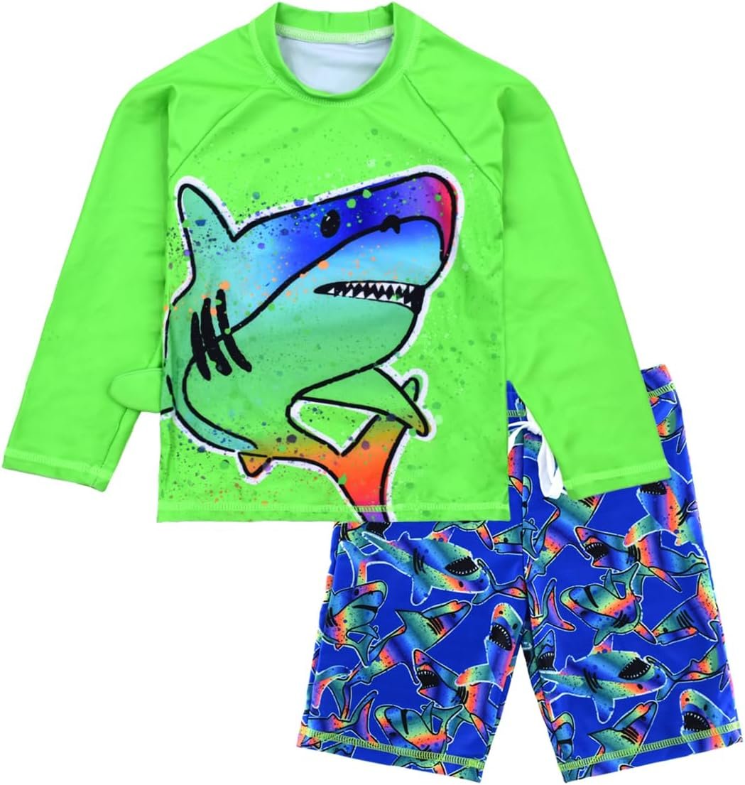 Boys UPF 50+ Long Sleeve Rash Guard and Swim Trunks Outfit Set Toddler to Big Boy Sizes (3-11Years)
