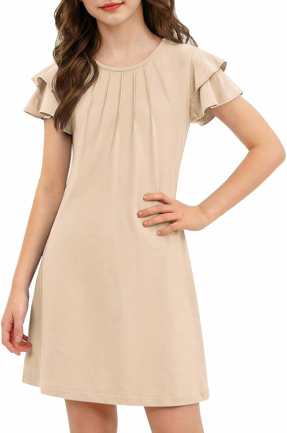 Arshiner Girls Summer Dress Tween Flutter Sleeve Pleated Front A Line Boho Beach Casual Dresses