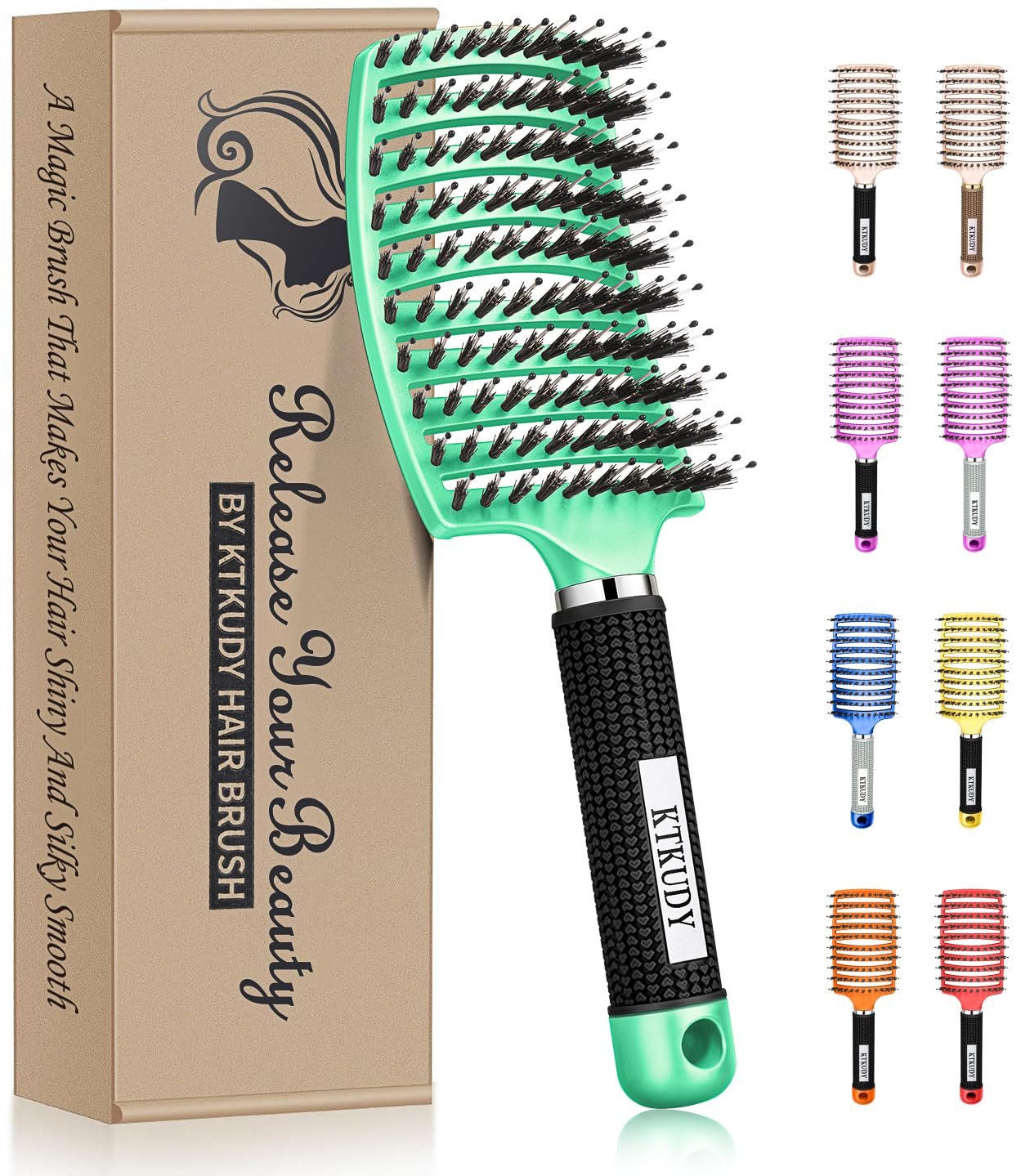 KTKUDY Detangling Brush Boar Bristles Hairbrush Make Hair Shiny & Healthier Curved and Vented Detangler Brush for Women Men Kids Wet & Dry Hair (Light green)
