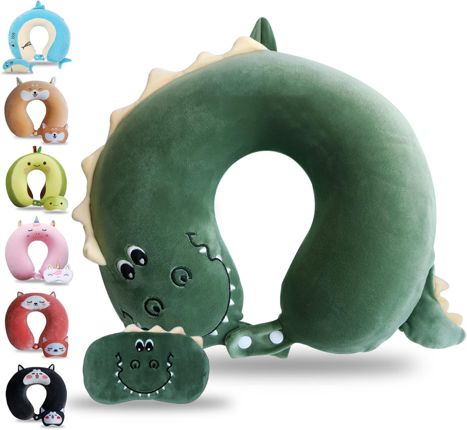 Sexysamba Cartoon Headrest & Neck Pillow for Kids Boys & Girls, Teens, Travel Accessories for Airplane, Car, Recline, Memory Foam Cute Travel Pillow with Sleep Eye Mask – Dinosaur