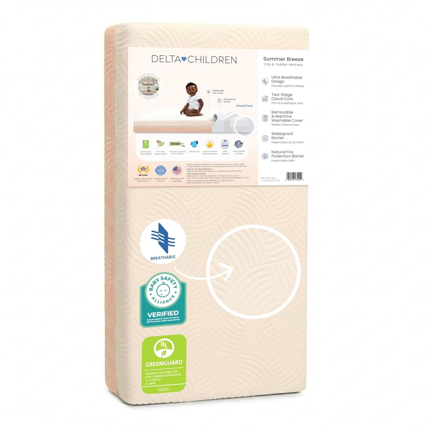 Delta Children Summer Breeze Mattress – Breathable Baby Crib & Toddler Mattress with Cloud Core – Machine Washable Cover – GREENGUARD Gold – Waterproof – Sustainably Sourced Core, Apricot/White
