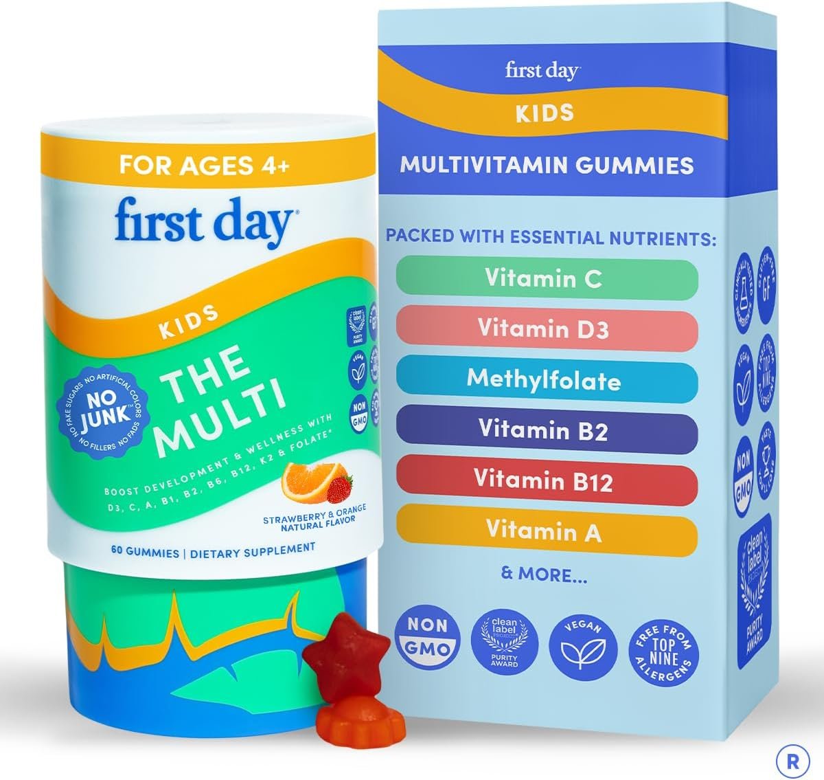 First Day Kids Multivitamin Gummies Age 4+, Strawberry & Orange – Kids Vitamins Multivitamin Gummy A C D3 K2 B1 B2 B6 B12 Folate, Immunity & Brain Function, Vegan – 30 Day Supply, Packaging May Vary