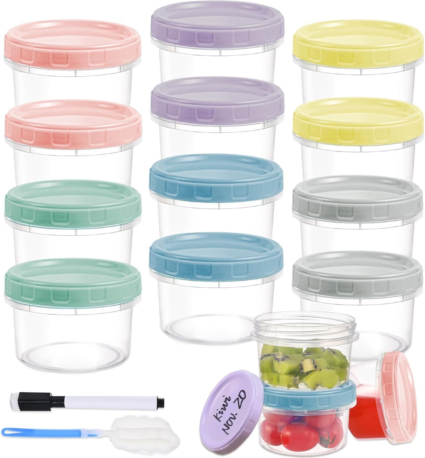 Yomarket 12pcs 8 oz Plastic Containers with Screw Lids, Reusable Clear Food Storage Containers with Pen and Brush for Snack Salad Fruit, Leakproof Small Freezer Containers, Microwave & Dishwasher Safe