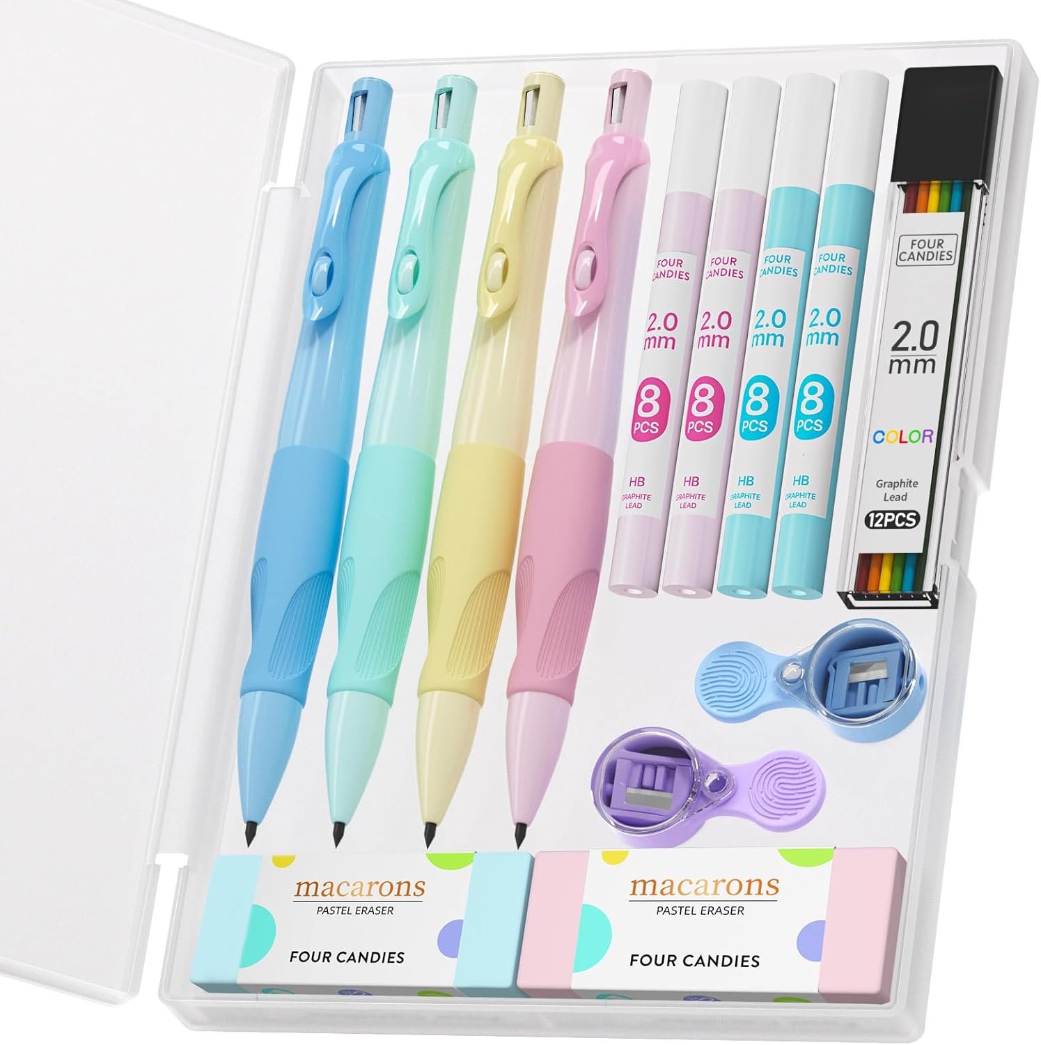 Four Candies 2.0MM Handwriting Pencils for Kids with Comfort Ergonomic Grip, 4PCS Cute Mechanical Pencils with 44PCS Lead Refills, 2PCS Sharpeners/Erasers, Aesthetic School Supplies for Kids Writing