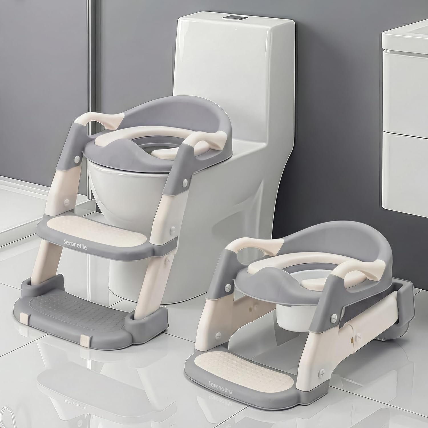 SereneLife 2-in-1 Potty Chair & Potty Training Seat with Step Stool Ladder – Height Adjustable Kids/Toddler Toilet Seat with Stable Anti-Slip Design, Cushioned Seat & Splash Guard For Boys Girls