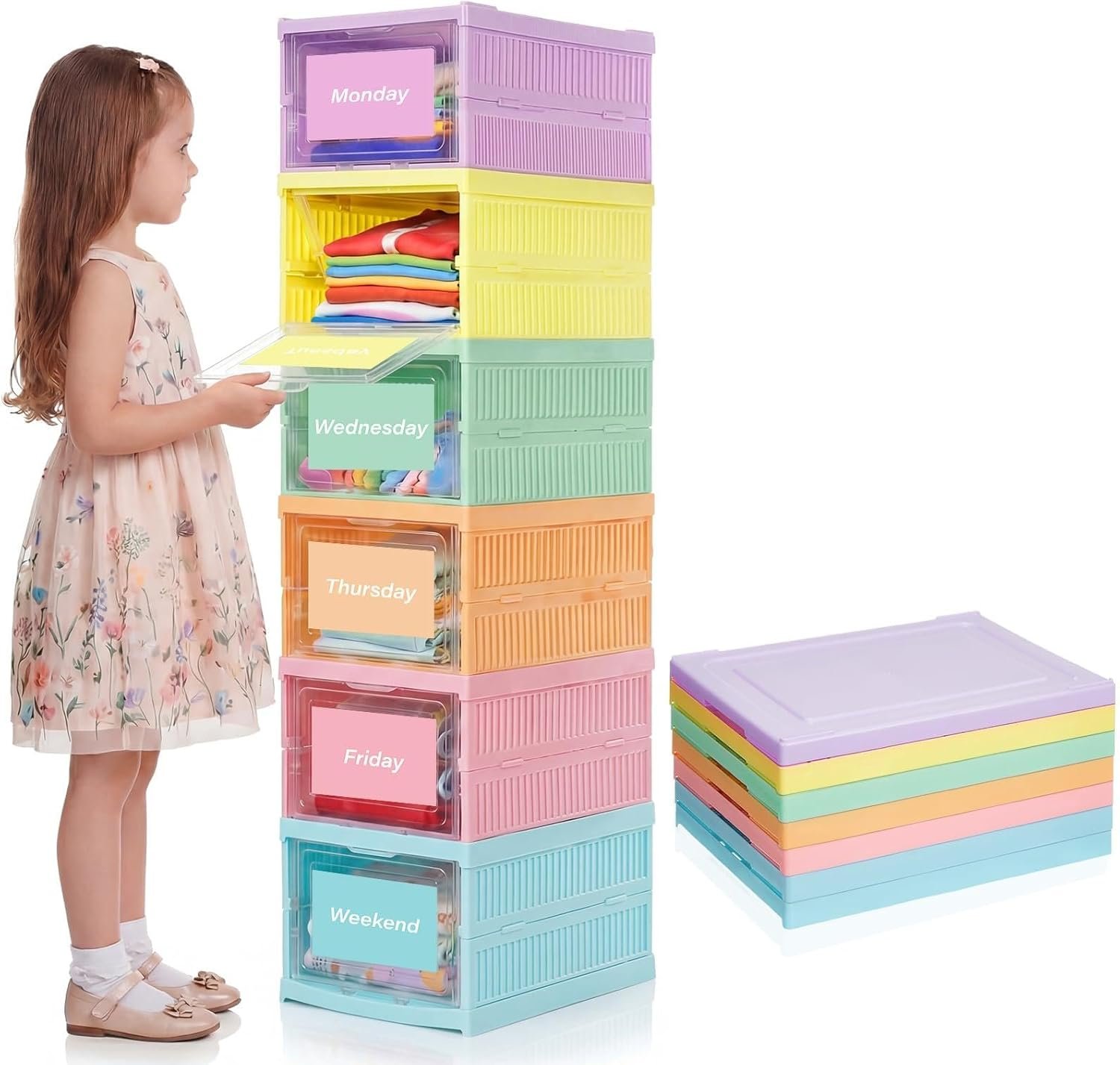 Gerrii 6 Shelf Daily Weekly Clothes Organizer for Kids Foldable Weekly Closet Organizer Storage Box with Door Plastic Closet Storage for Boys and Girls Monday Through Friday Essential Stuff(Pastel)