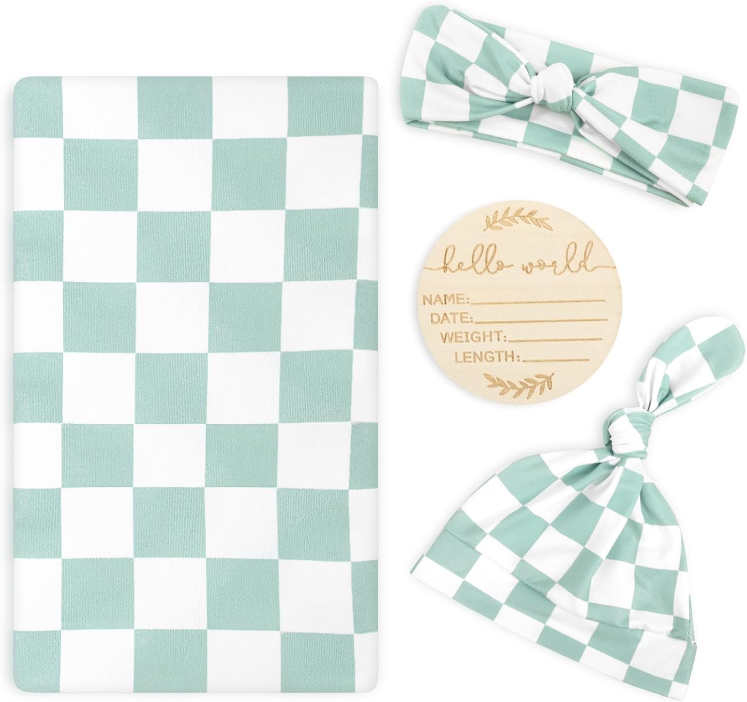 TANOFAR 4-Pack Newborn Swaddle Blanket for Baby Girls & Boys, Ultra Soft Receiving Blankets with Matching Headband and Beanie Set Baby Nursery Swaddle Wrap, Green Checkerboard