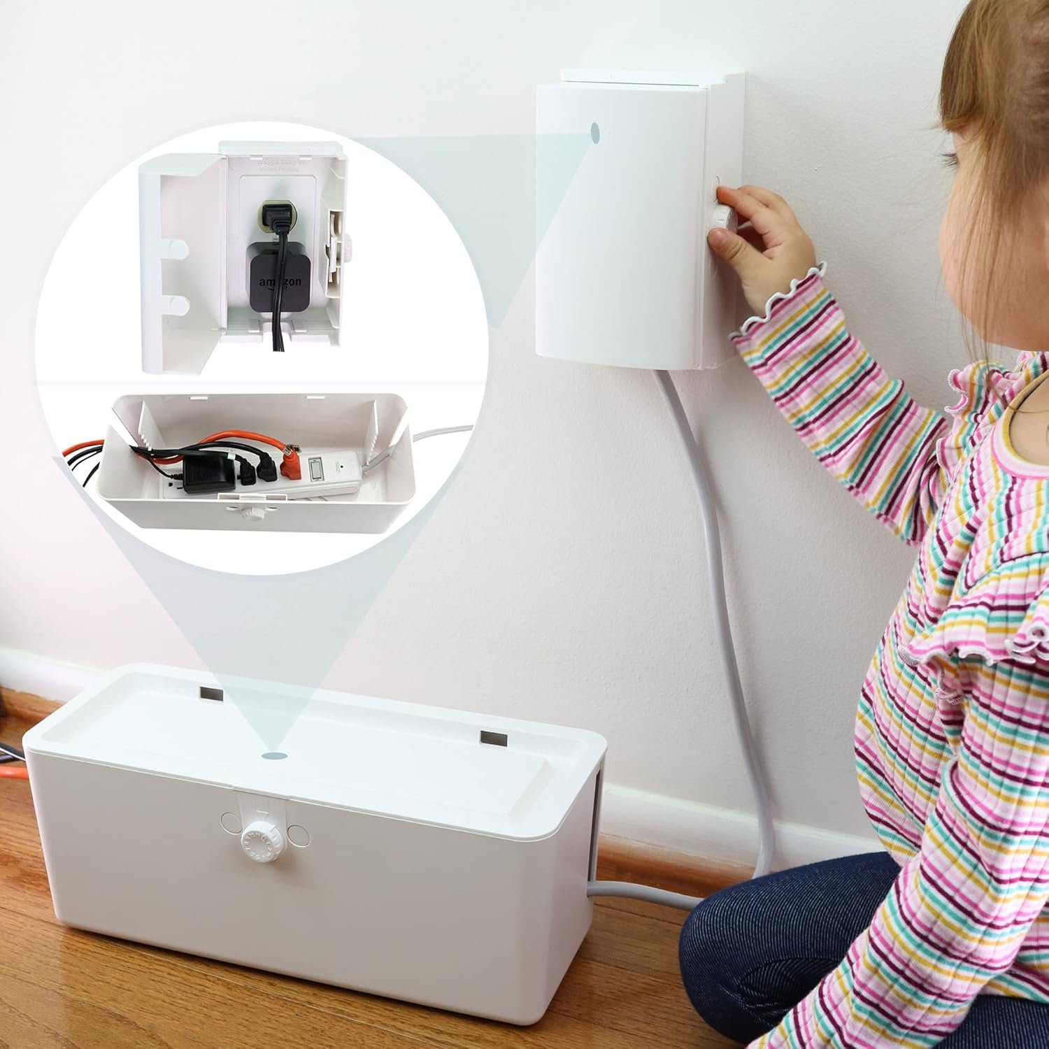 Power Strip Cover and Outlet Cover Box – Effectively Baby Proofs Power Strip on Floor or Wall, Protects Small Hands & Fingers, Cover Box and Outlet Cover Box (White-Bundle)