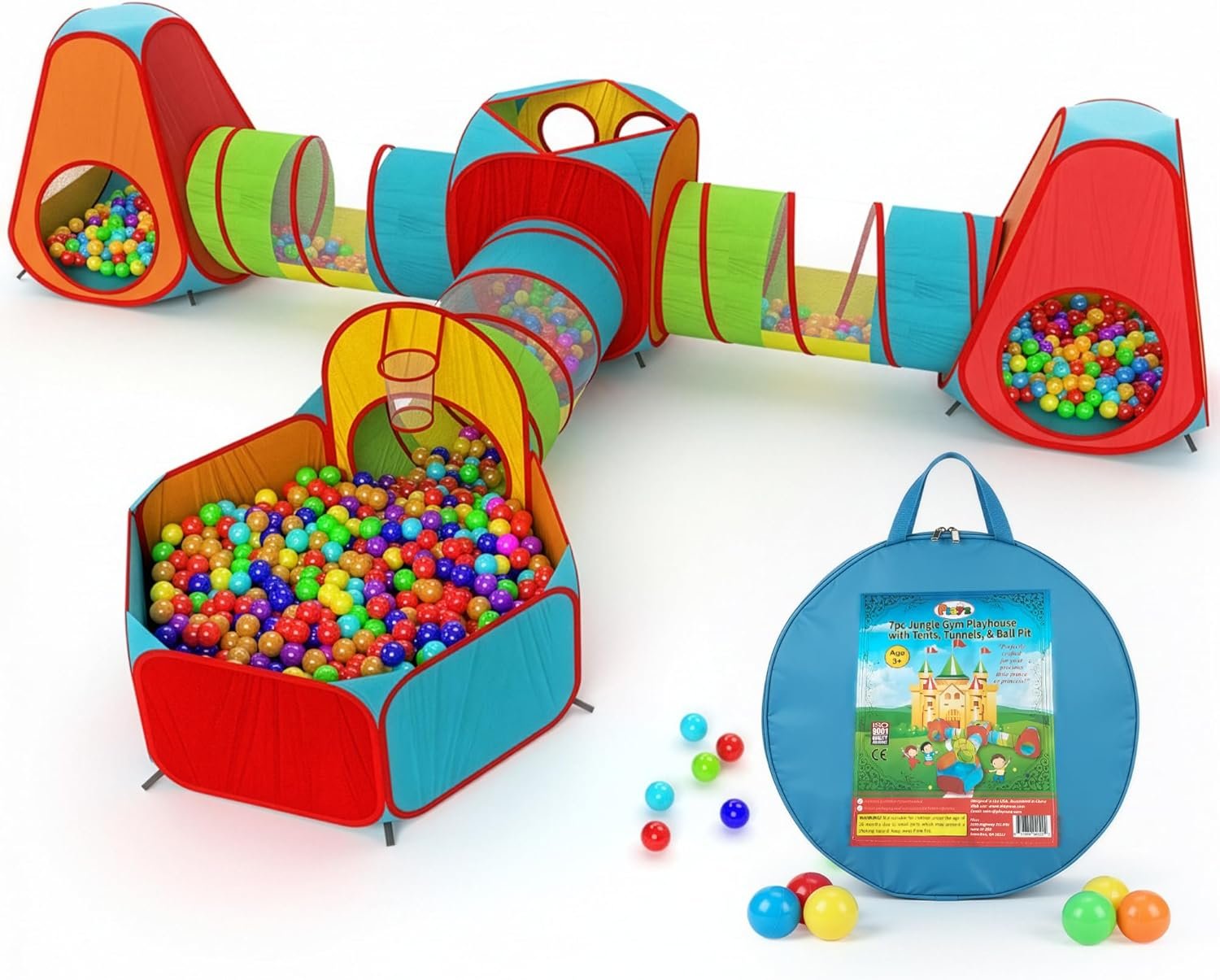 Playz 7pc Kids Play Tent with 1 Big Ball Pit for Babies, 3 Play Tunnel for Toddlers, and 3 Pop Up Tents Playhouse Bundle, Best Birthday Gift for Boys & Girls, Indoor & Outdoor Use Portable Play Center