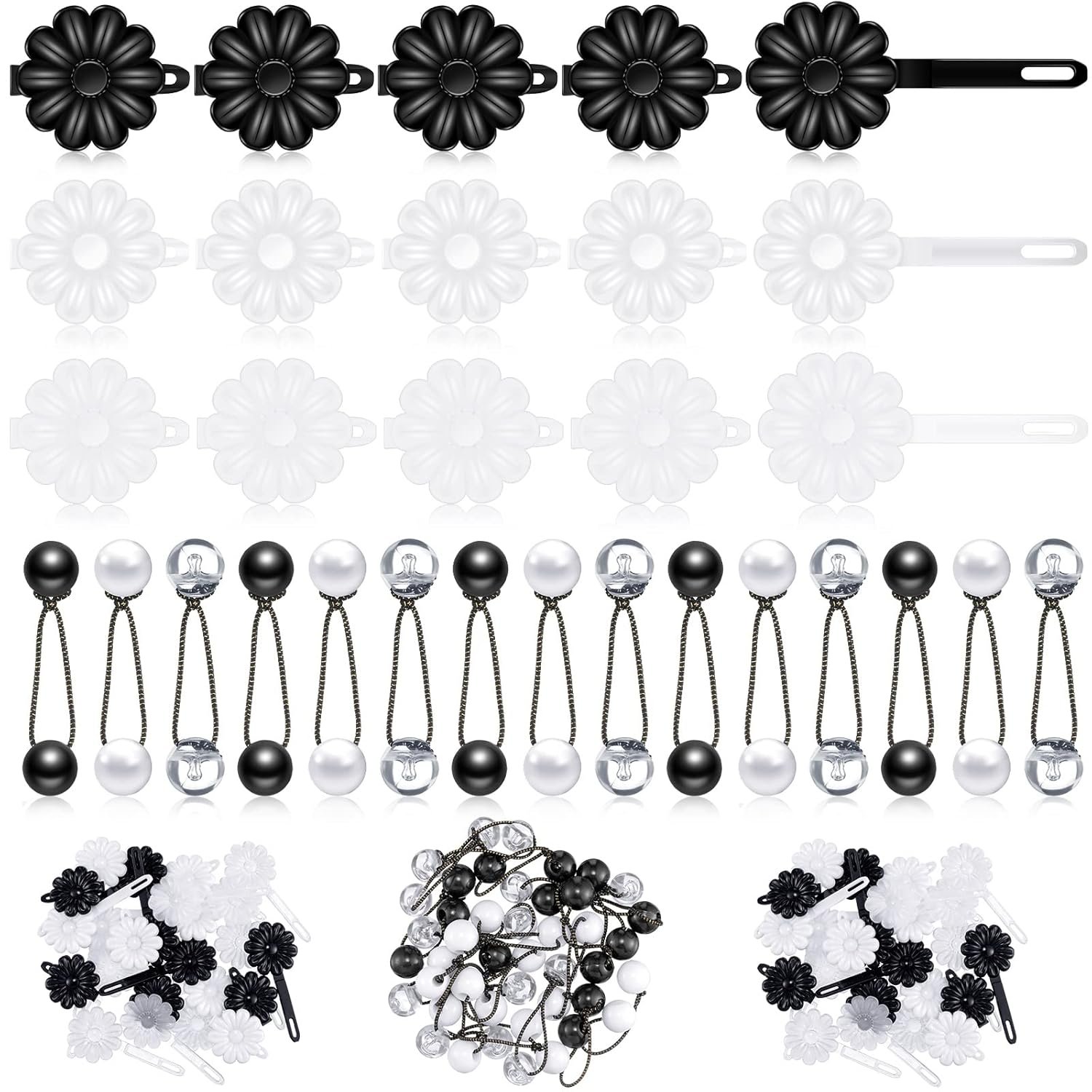 Jutom 72 Pcs Hair Barrettes Balls for Girls Self Hinge Hair Ties Bubble Accessories Set 80s 90s Bow Flower Plastic Clips for Baby Toddler(Black, White, Clear)