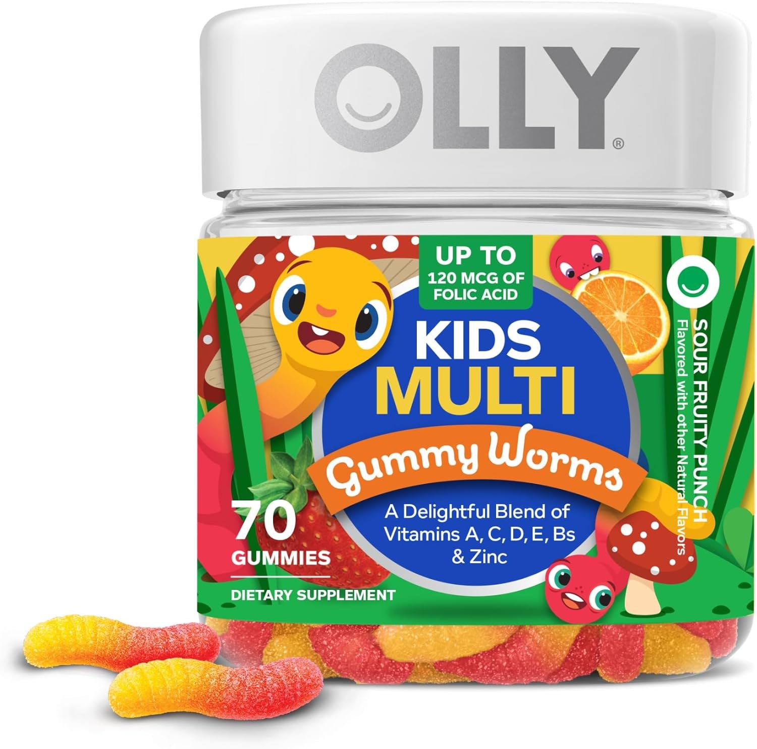 OLLY Kids Multivitamin Gummy, Overall Health and Immune Support,* Vitamins and Minerals A, C, D, E, Bs and Zinc, Kids Chewable Supplement, Sour Fruity Punch Flavored, 70 or 35 Day Supply – 70 Count