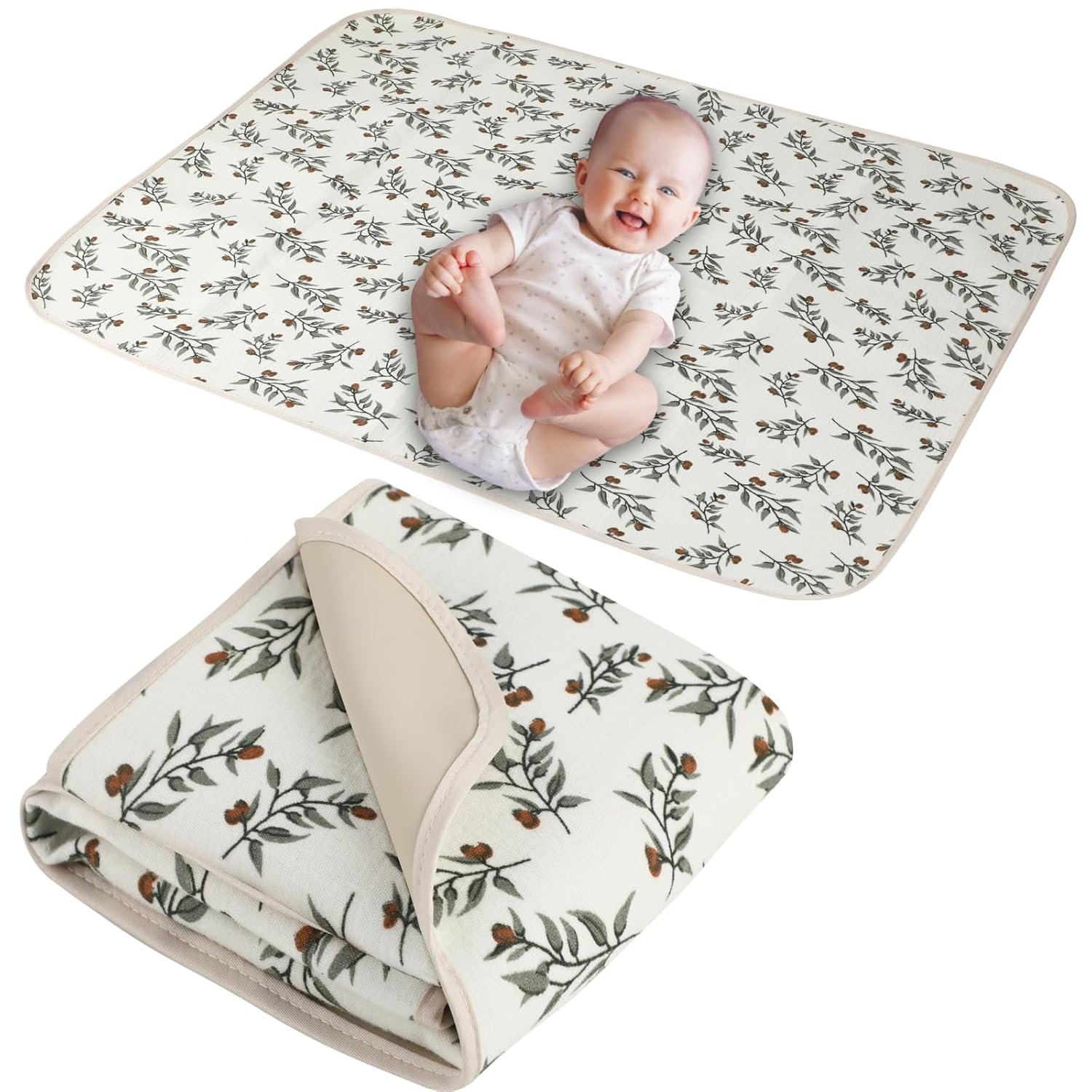 Baby Diaper Changing Pad, 19.7″x25.6″ Waterproof Changing Pad Liners with 100% Muslin Cotton Front Top and Leather Back, Soft and Absorbent Portable Changing Mat for Travel, Changing Station