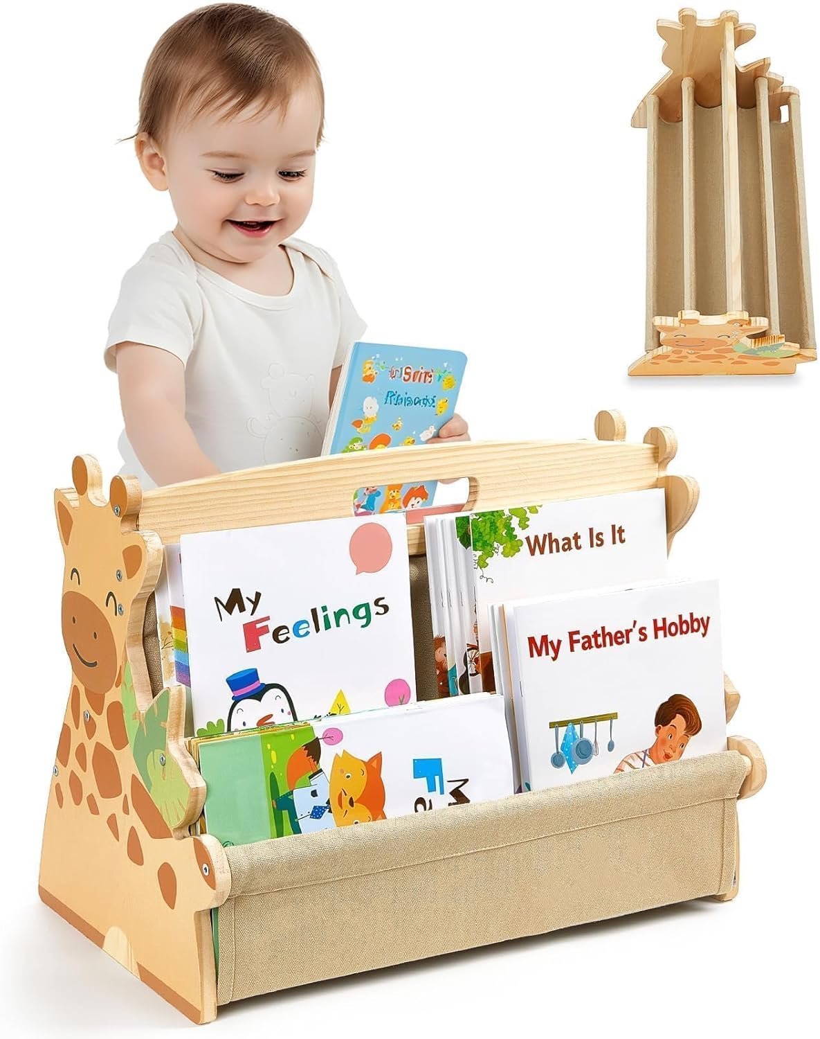 Toddler Bookshelf Double-Sided with 4 Tier Deep Sleeves Kids Wooden Montessori Book Rack for Baby Nursery Room, Playroom, Classroom or Bedroom Bookcase Storage Organizer, Light Wood Giraffe
