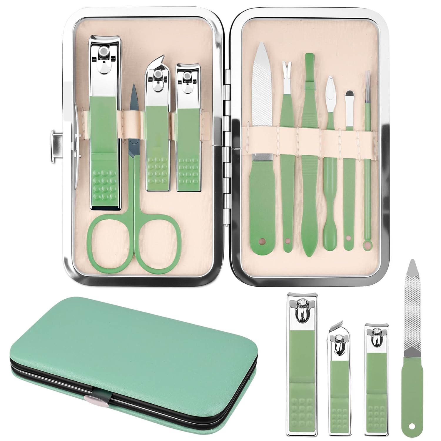 Manicure Set Gift for Women Men, Easter Basket Stuffers for Teens Boys, 10 In 1 Finger and Toe Nail Clippers Kit, Men’s Grooming Pedicure Tools with Portable Travel Case, Matcha Green