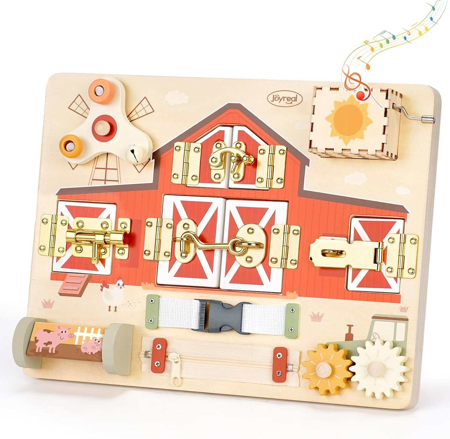 Joyreal Wooden Montessori Busy Board for 1 2 3 Year Old Toddlers, Farm Themed Sensory Toys for Kids, Fine Motor Skills Activity Board with Music Box & Latches, Learning Toys Gift for Autistic Children