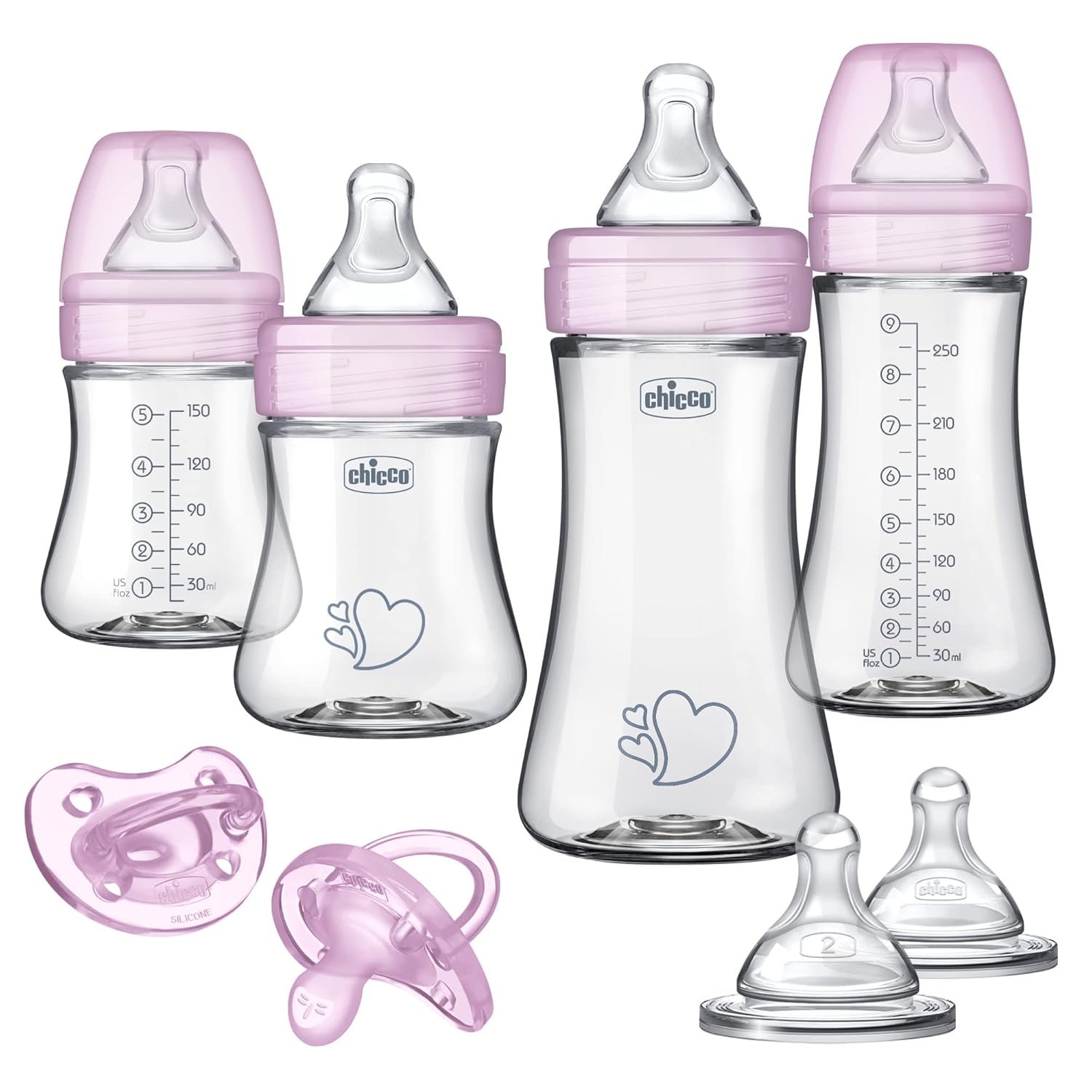 Chicco Duo Hybrid Baby Bottle Newborn Starter Giftset, Real Glass Inside, Lightweight Plastic Outside, Patented Invinci-Glass Technology, Intui-Latch Nipple, Clear/Pink