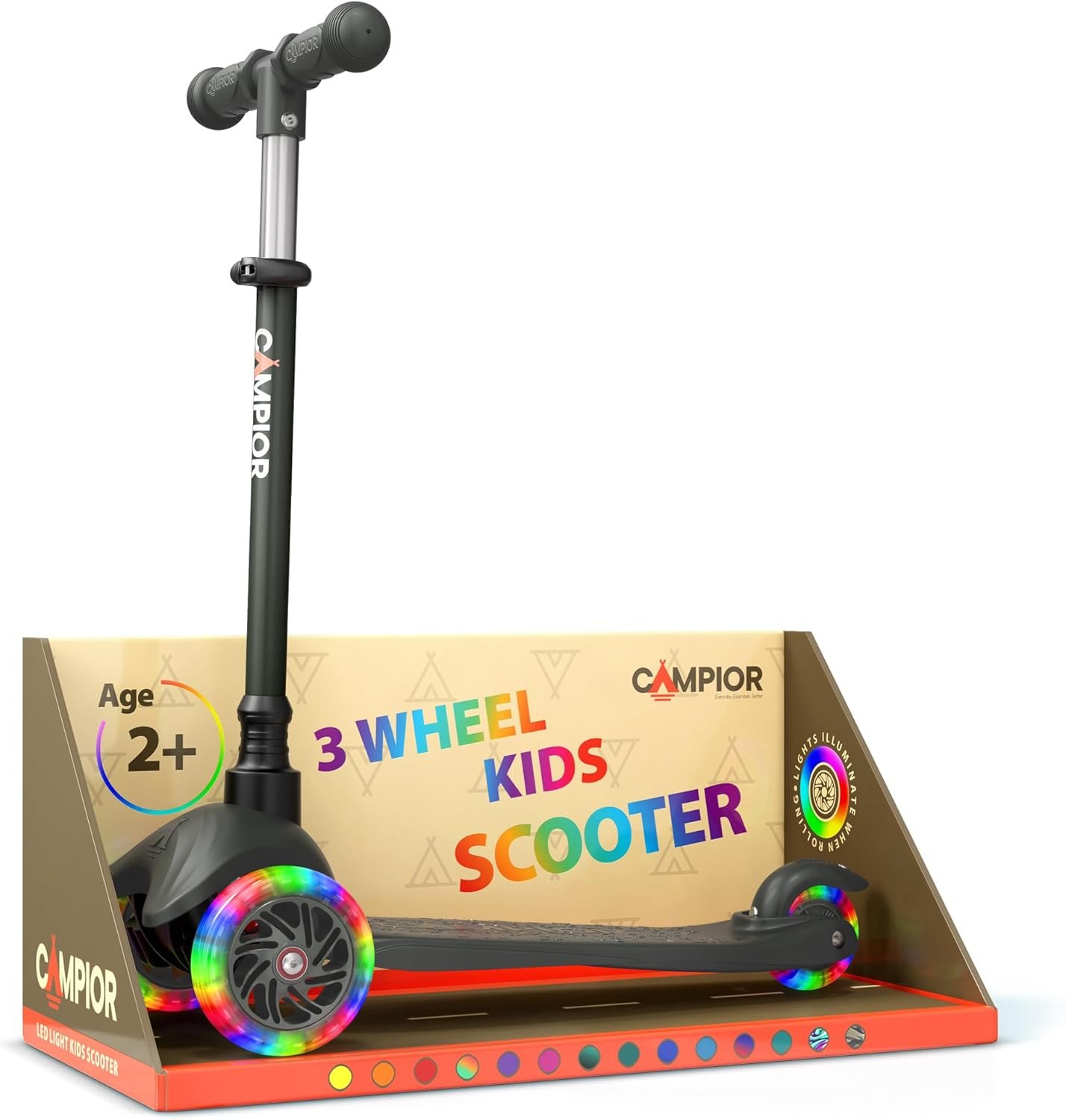 Black Mini 3 Wheel Scooter for Kids – Lean-to-Steer with LED Light-Up Wheels, Adjustable Handlebar, Wide Anti-Slip Deck, Smooth PU Wheels, Rear Foot Brake – Toddler Scooter for Ages 2+